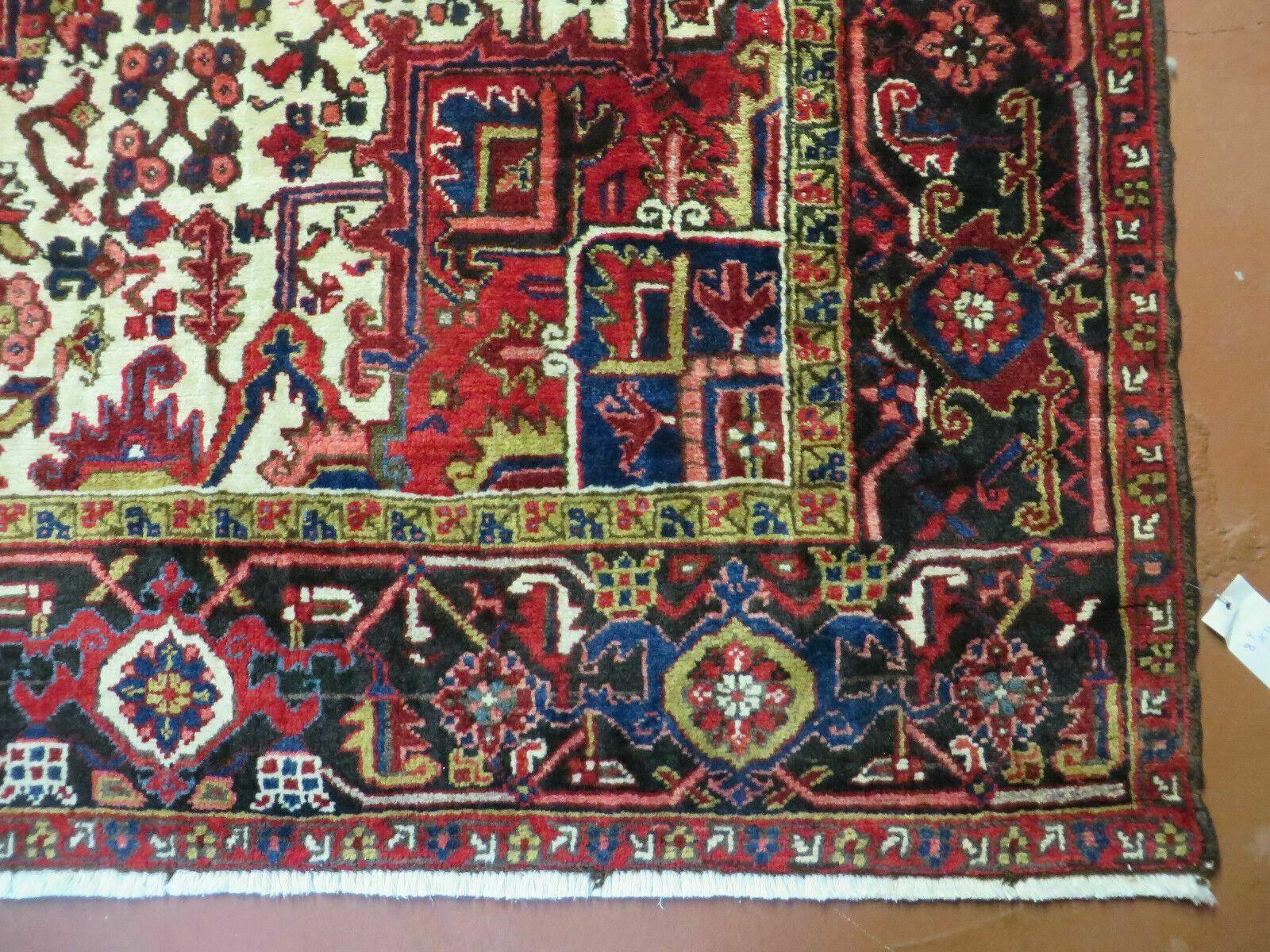 Wonderful Persian Heriz Rug 8.6 x 11, Geometric Heriz Carpet, Semi Antique Decorative Area Rug, Red Ivory Dark Blue Handmade Wool Room Sized - Jewel Rugs