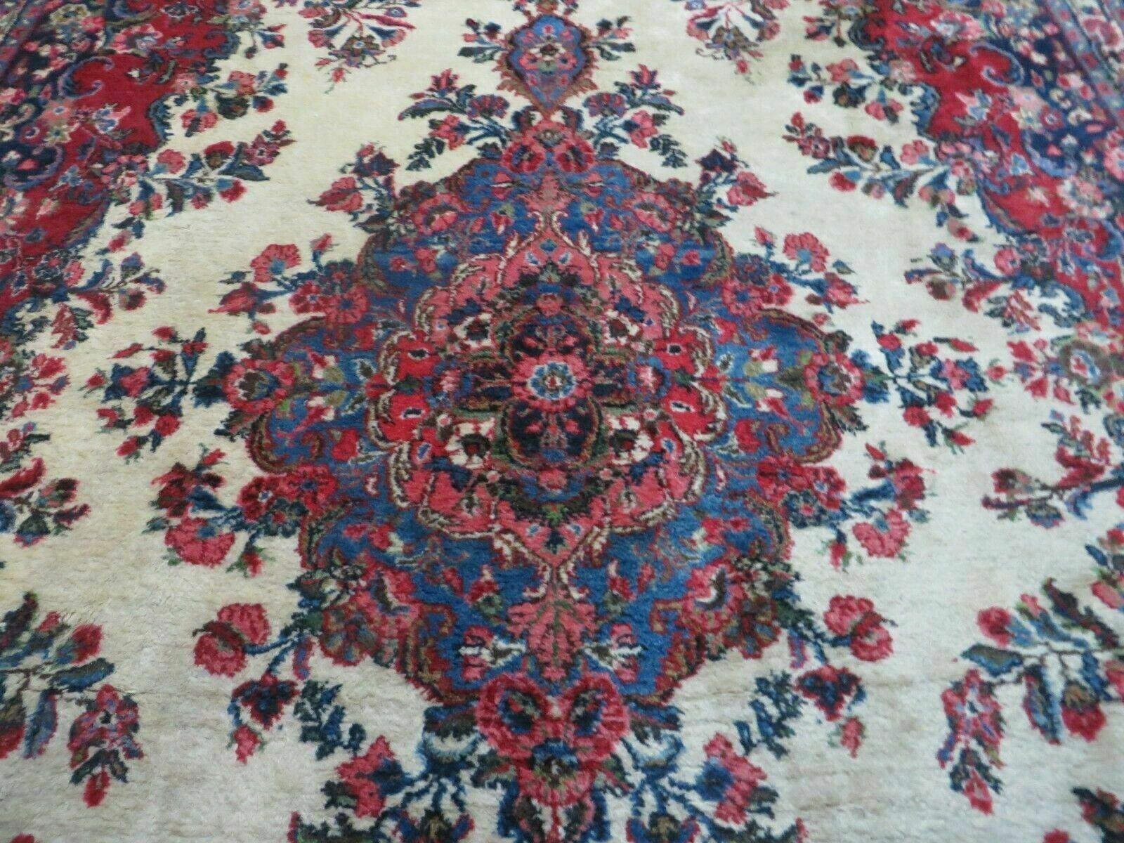9x12 Persian Sarouk Rug - Semi Open Field Medallion Rug - Ivory Red Blue Hand Knotted Wool Oriental Carpet 9 x 12 Antique Rug - Vegetable Dyes - Jewel Rugs