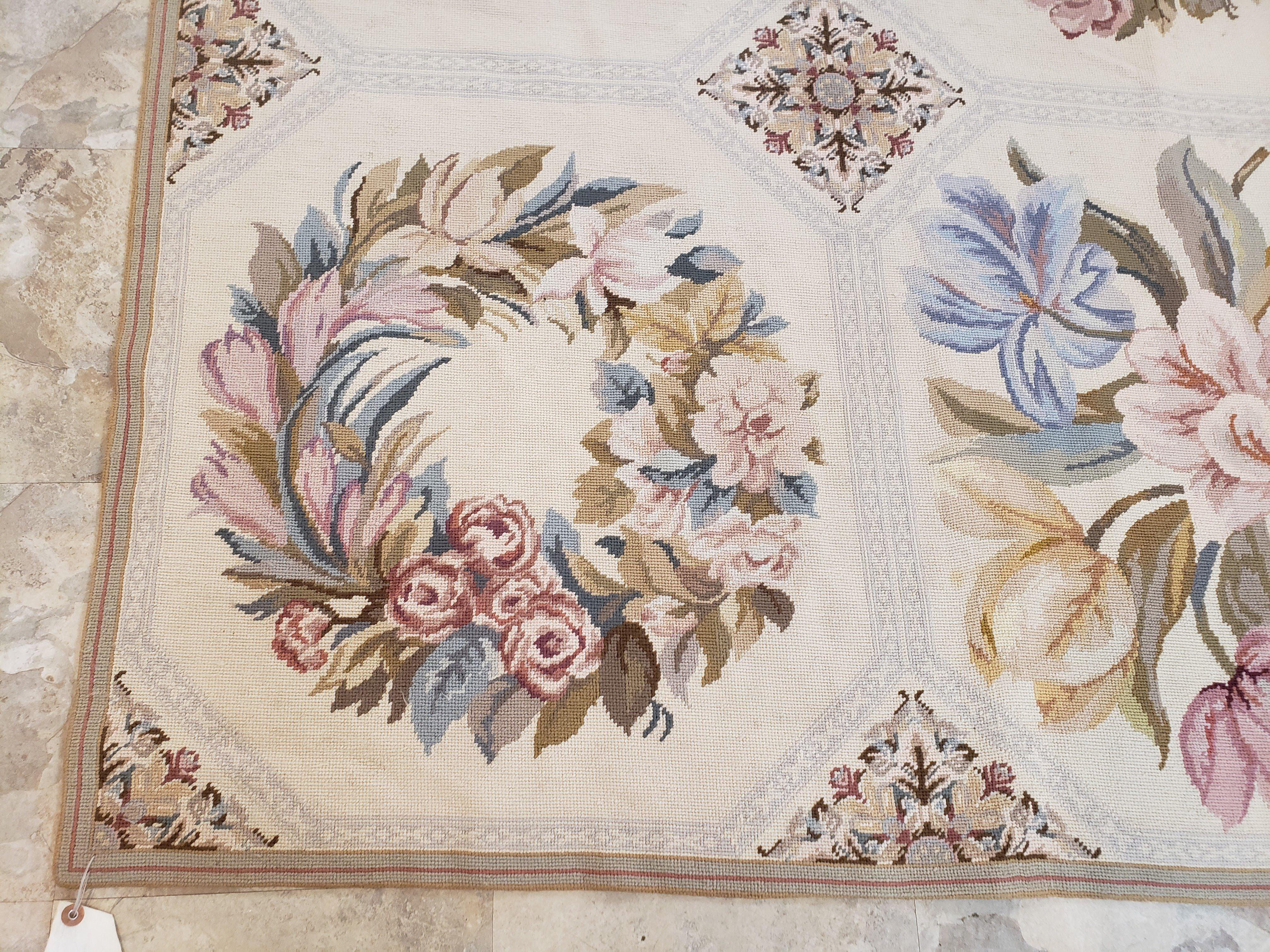 Needlepoint Rug 10x13 Vintage Carpet, Floral Panel Design, Beige, Multicolor Flowers, Handmade Hand Woven, Flatweave, No Pile, Wool - Jewel Rugs