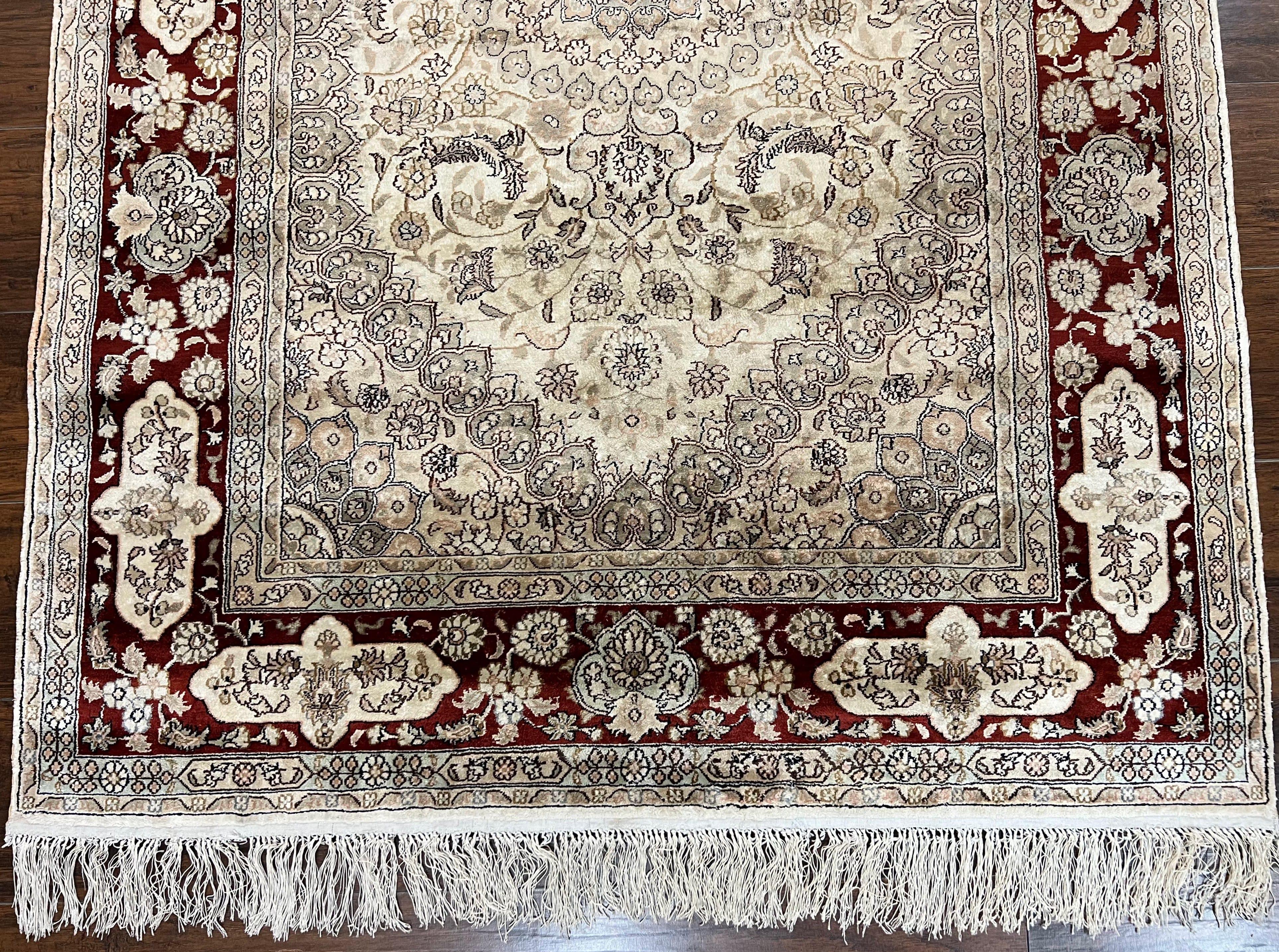 Silk Indian Kashmiri Rug 4x6 ft, Floral Medallion Hand Knotted Handmade Oriental Carpet, Vintage, Cream Burgundy, Very Fine Silk Rug 4 x 6 - Jewel Rugs