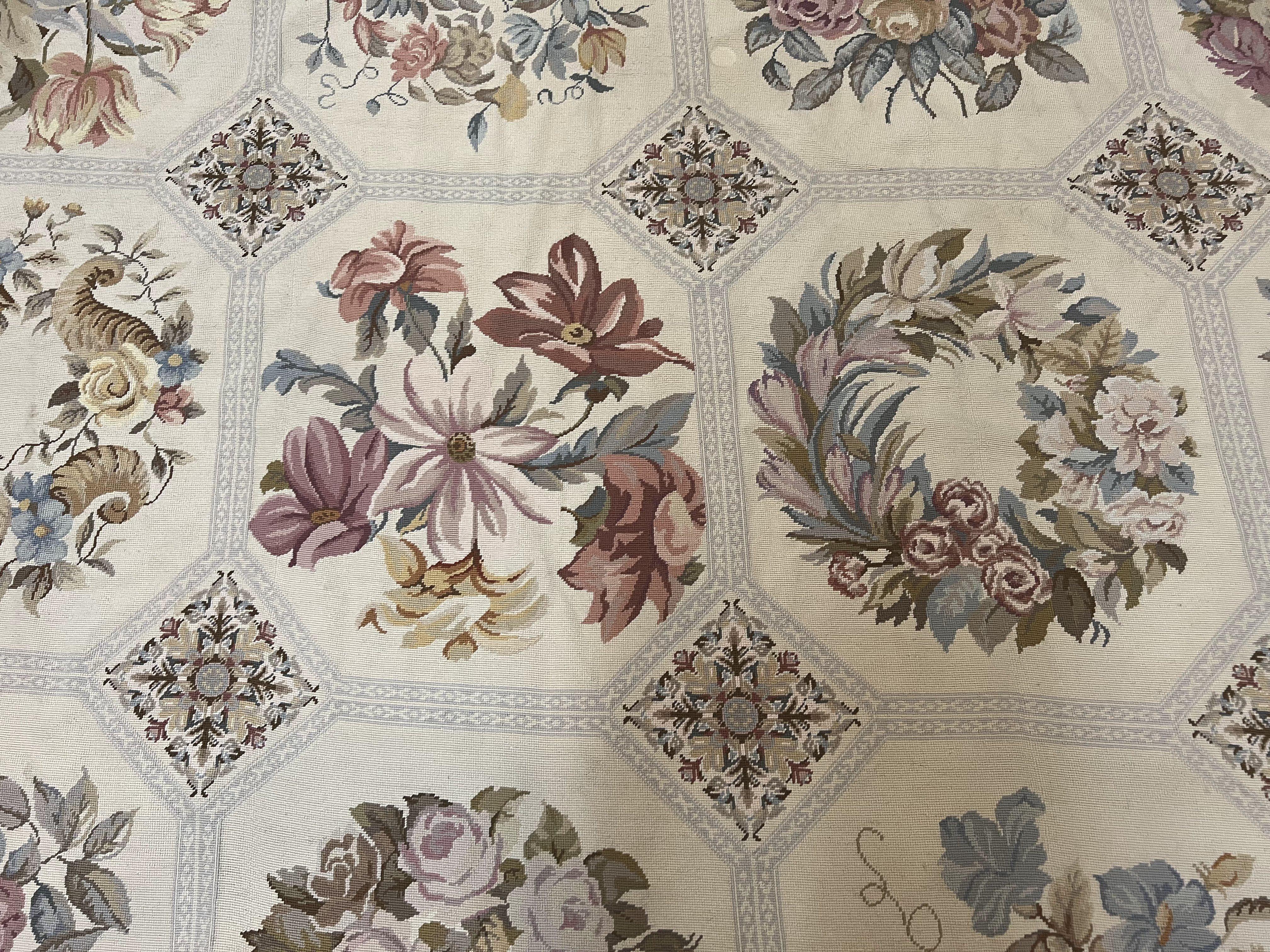 Vintage Needlepoint Rug 8x11, Floral Panel Design, Flatweave Handmade Needlepoint Carpet 8 x 11, Room Size Wool Needlepoint Rug, Cream Color - Jewel Rugs