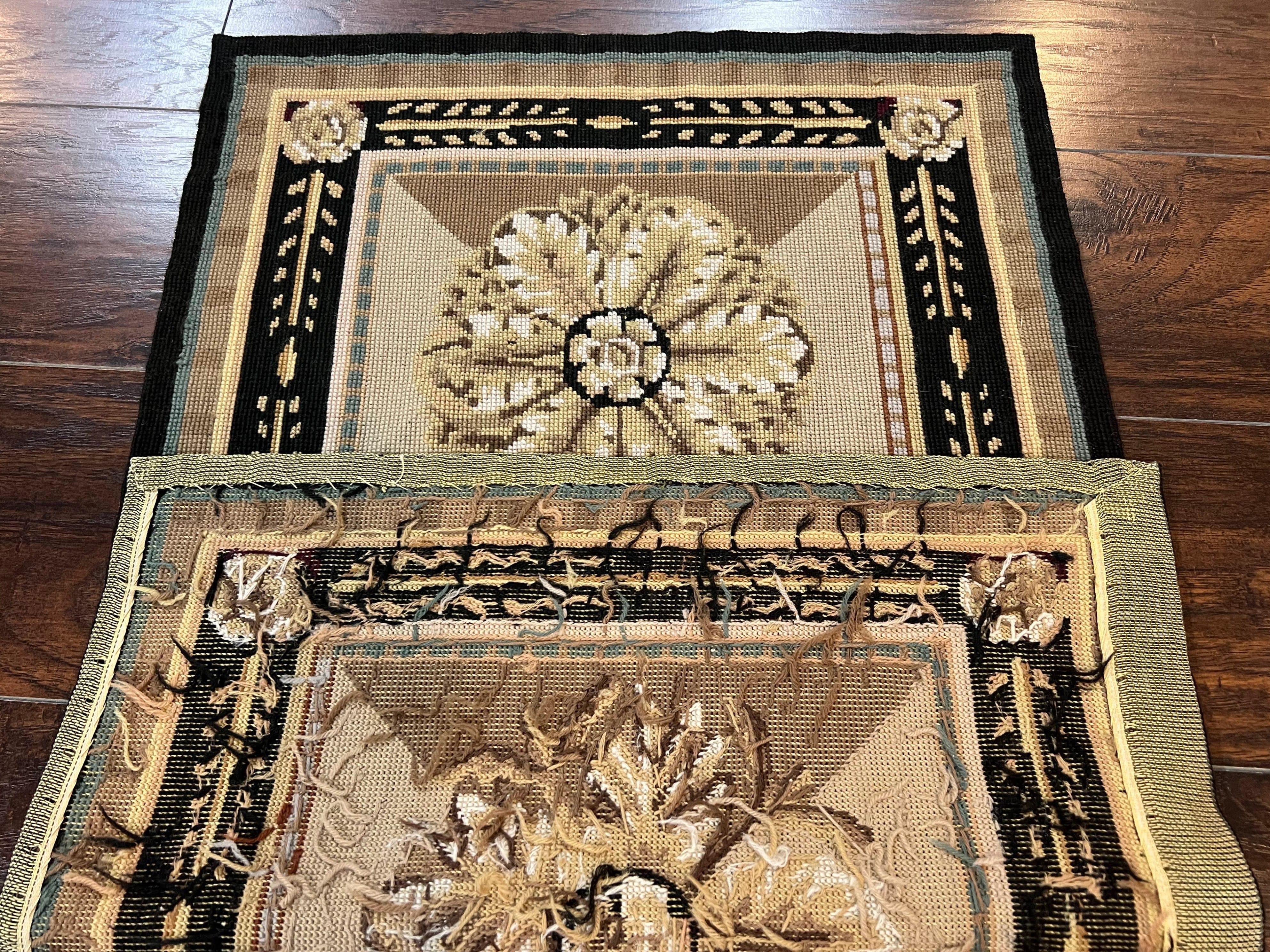 Small Needlepoint Rug 2x3 ft, Flatweave Vintage Handmade Hand-woven Needlepoint Carpet 2 x 3, Wool, Fine, Floral Panel, Beige Tan Black - Jewel Rugs