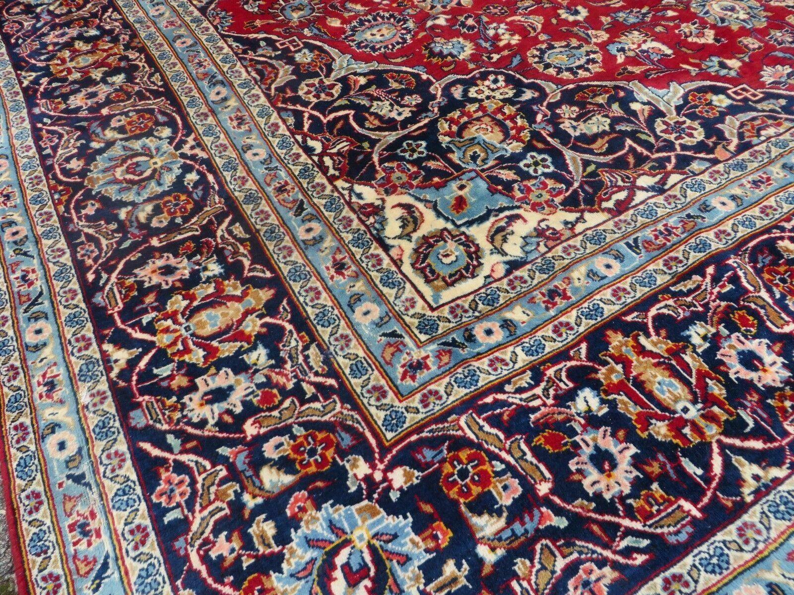 Vintage Persian Kashan Rug 10x13, Hand Knotted Room Sized Carpet, Red Light Blue Dark Blue, Wool, Traditional, Medallion and Corner Design - Jewel Rugs