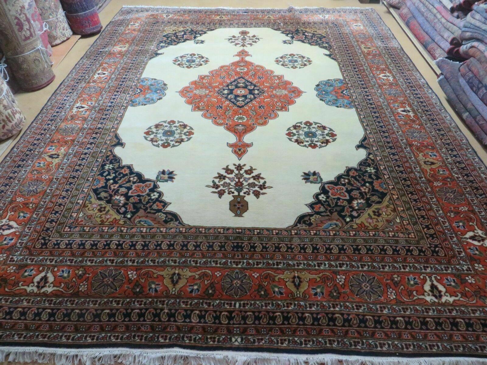 Indo Persian Rug 9x12, Semi Open Field Medallion, Ivory Tomato Red Navy Blue, Hand Knotted Indian Oriental Wool Carpet 9 x 12 ft, Room Sized - Jewel Rugs