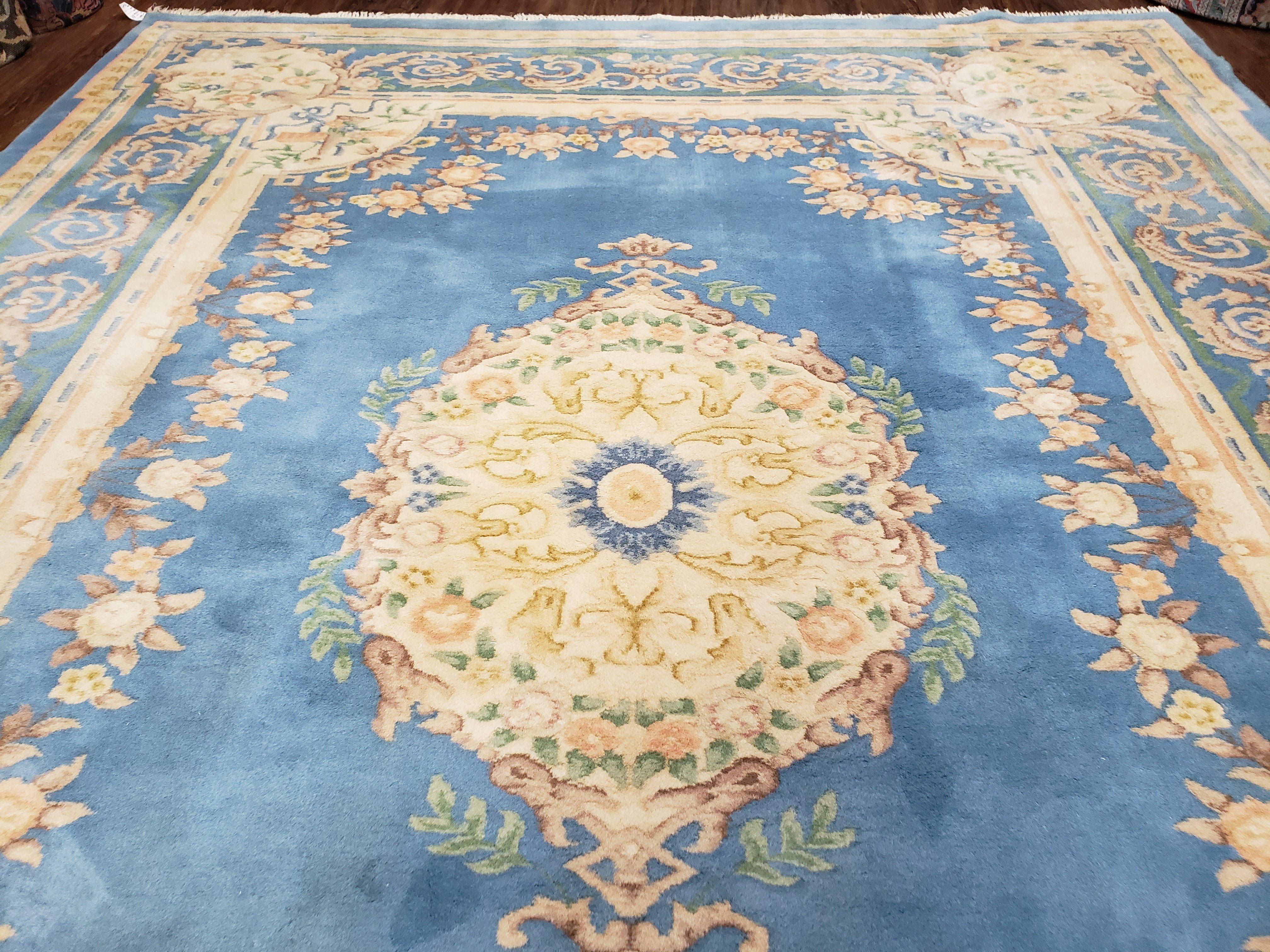 Light Blue and Ivory Rug, Indo Chinese Rug, Aubusson Rug, 8x11 - 9x12 Rugs, Room Sized Rug, Handmade Wool Area Rug, Vintage Rug, Sky Blue - Jewel Rugs