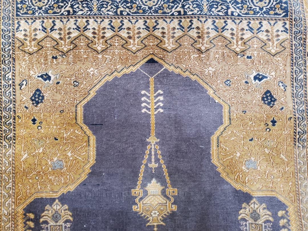 Rare Turkish Ghiordes Prayer Rug 4 x 5.8 ft, Late 19th Century Turkish Oriental Carpet, Mehrab Antique Prayer Rug, Museum Quality, Blue, Tan - Jewel Rugs