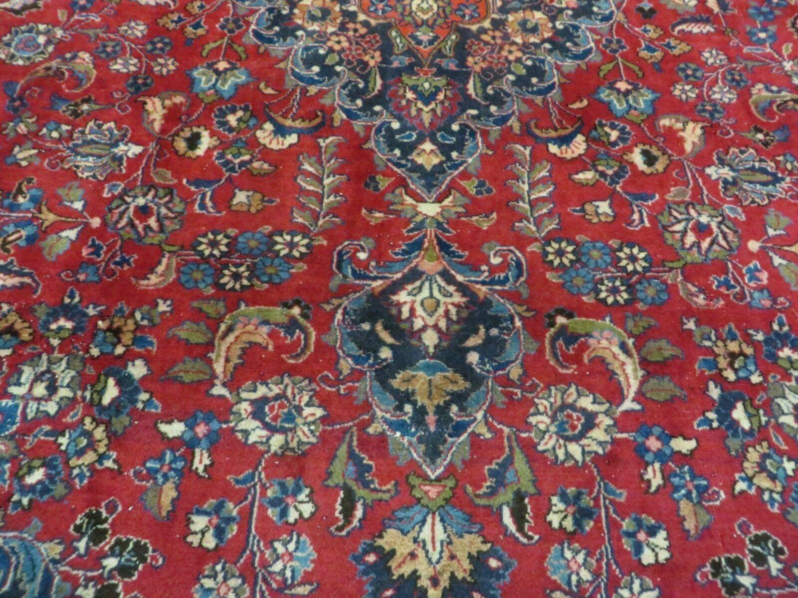Signed Persian Mashad Rug 10x13 Oriental Carpet, Semi Antique Rug 10 x 13 Vintage Rug, Hand Knotted, Traditional, Red Blue Cream, Medallion Allover - Jewel Rugs