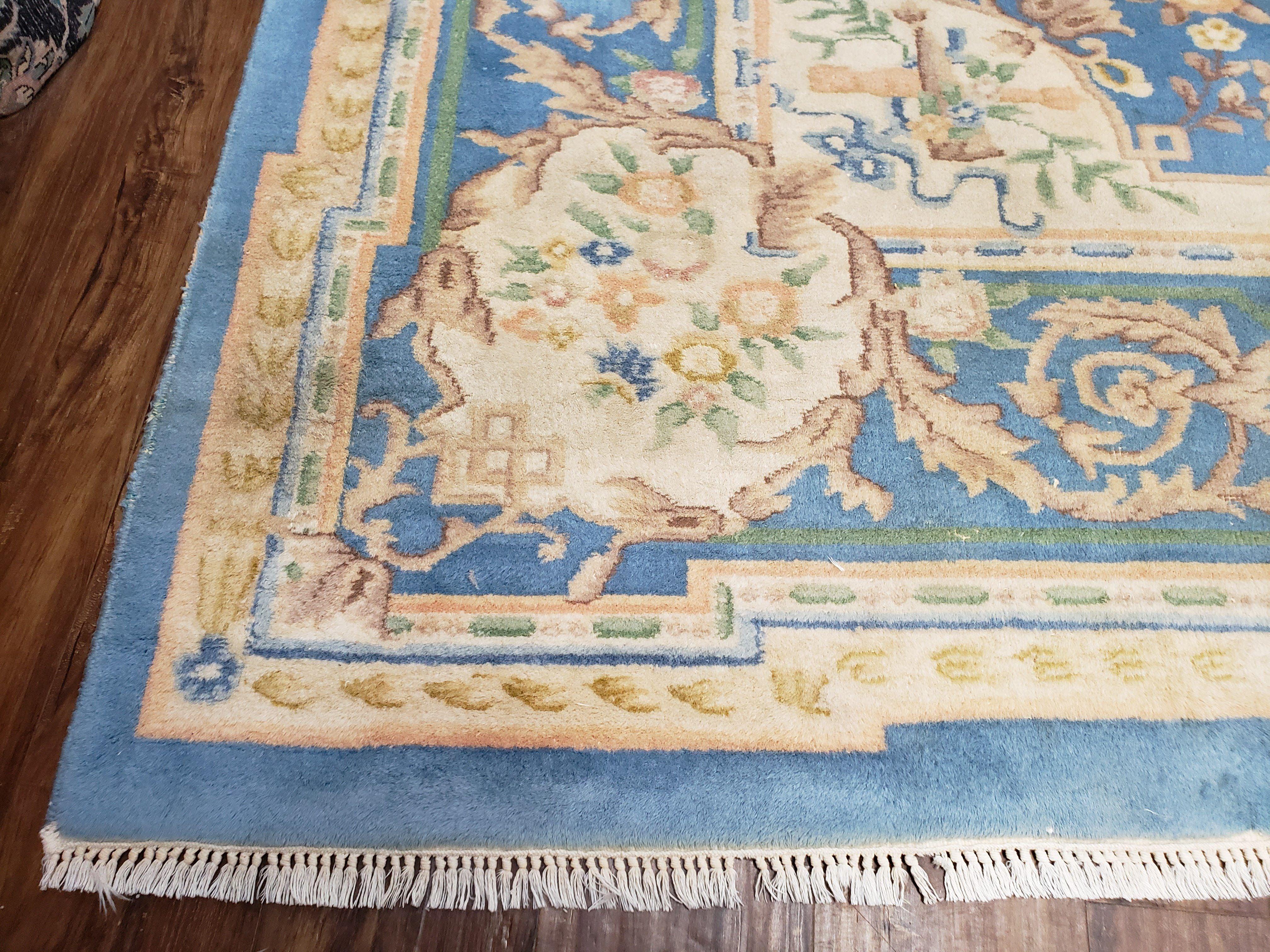 Light Blue and Ivory Rug, Indo Chinese Rug, Aubusson Rug, 8x11 - 9x12 Rugs, Room Sized Rug, Handmade Wool Area Rug, Vintage Rug, Sky Blue - Jewel Rugs