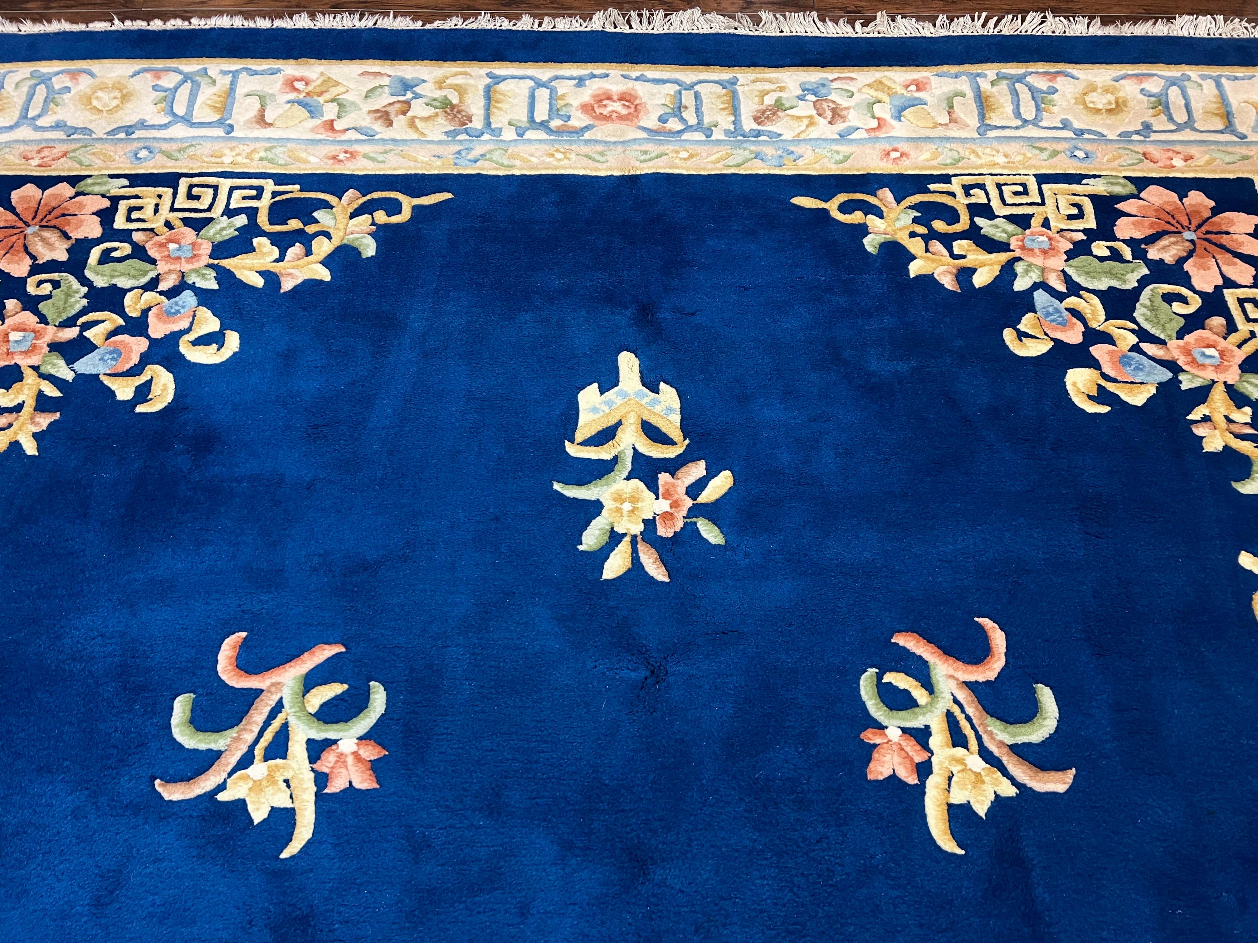 Indo Chinese Wool Rug 10x14, Navy Blue and Beige Hand Knotted Large Asian Oriental Carpet 10 x 14, Handmade Art Deco Vintage Floral Rug - Jewel Rugs