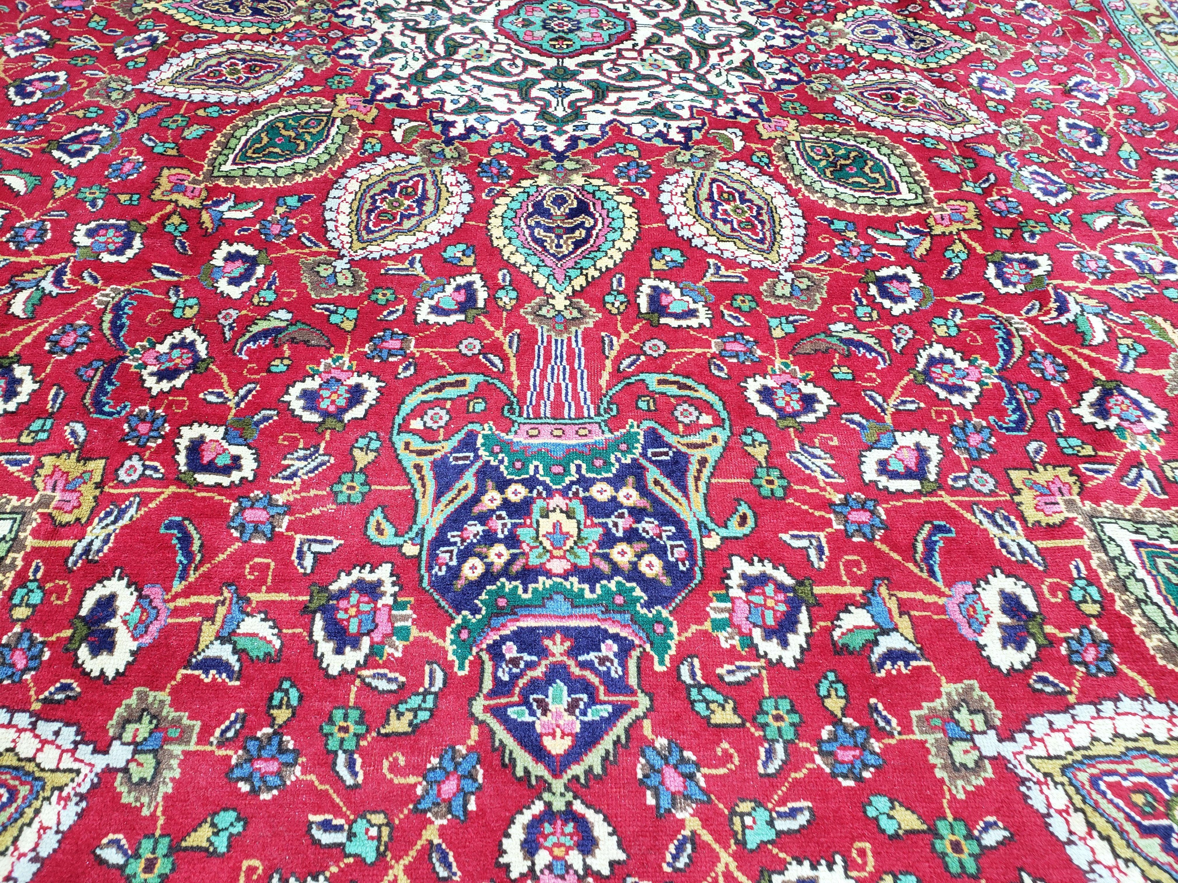 Antique Persian Tabriz Rug 9' 7" x 12' 9", Central Medallion, Persian Vases, Flowers, Curvilinear Vines, Red Blue Ivory, 10x13, Hand-Knotted, Wool, Mustafi Design - Jewel Rugs
