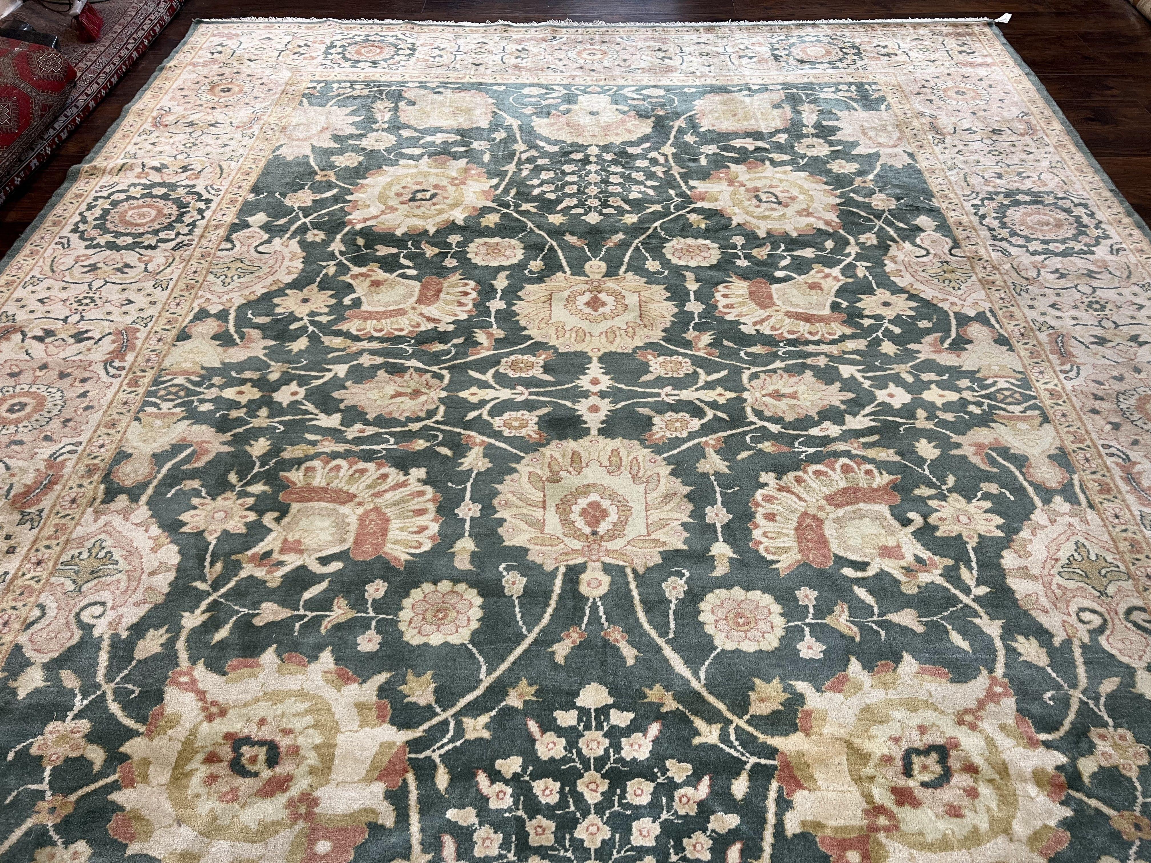 Egyptian Mahal Rug 10x14, Large Vintage Floral Hand Knotted Wool Carpet 10 x 14, Dark Green and Beige Traditional Handmade Persian Area Rug - Jewel Rugs