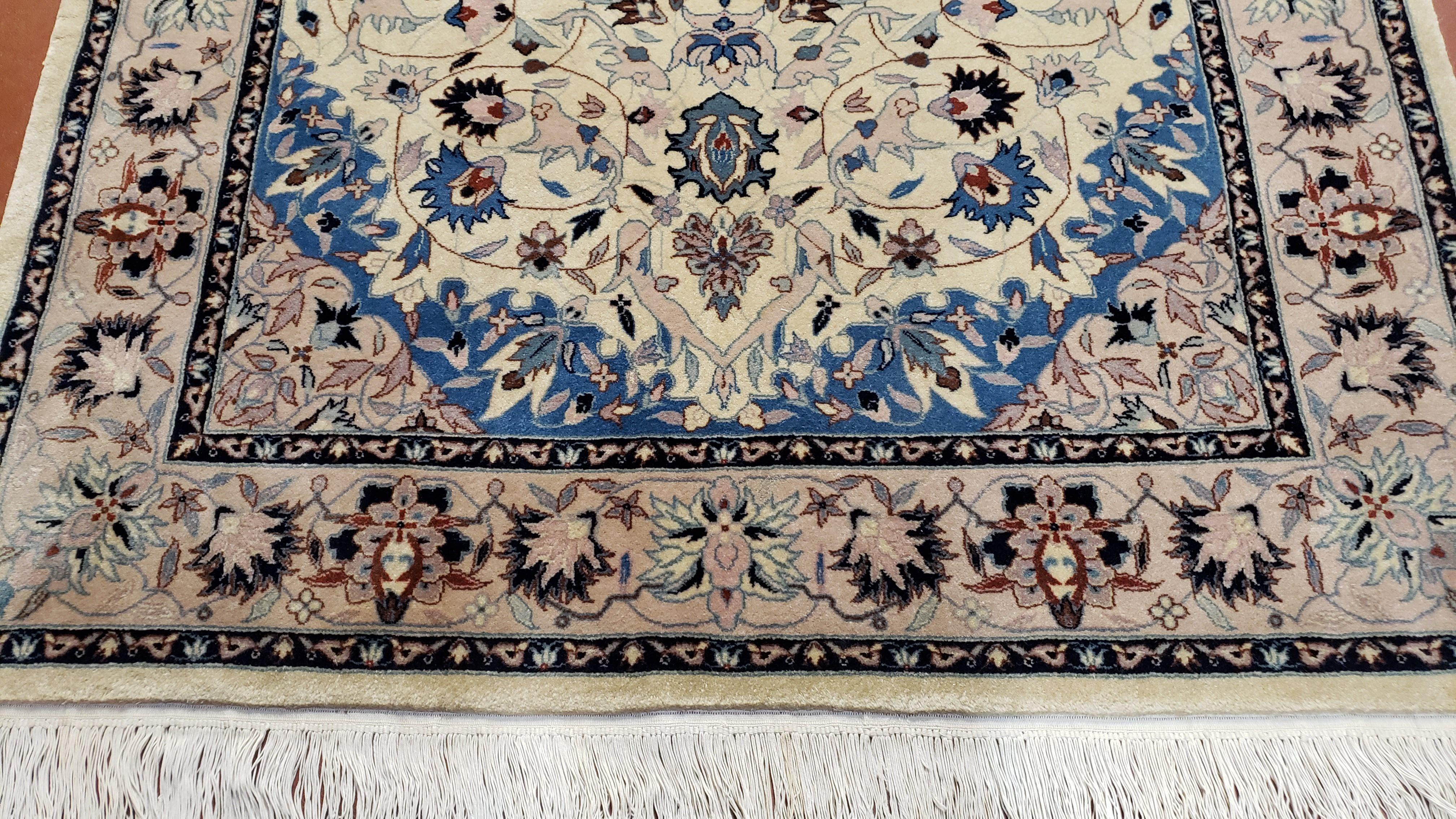 Sino Persian Rug 4x6, Ivory and Blue, Vintage Handmade Wool Oriental Carpet - Jewel Rugs