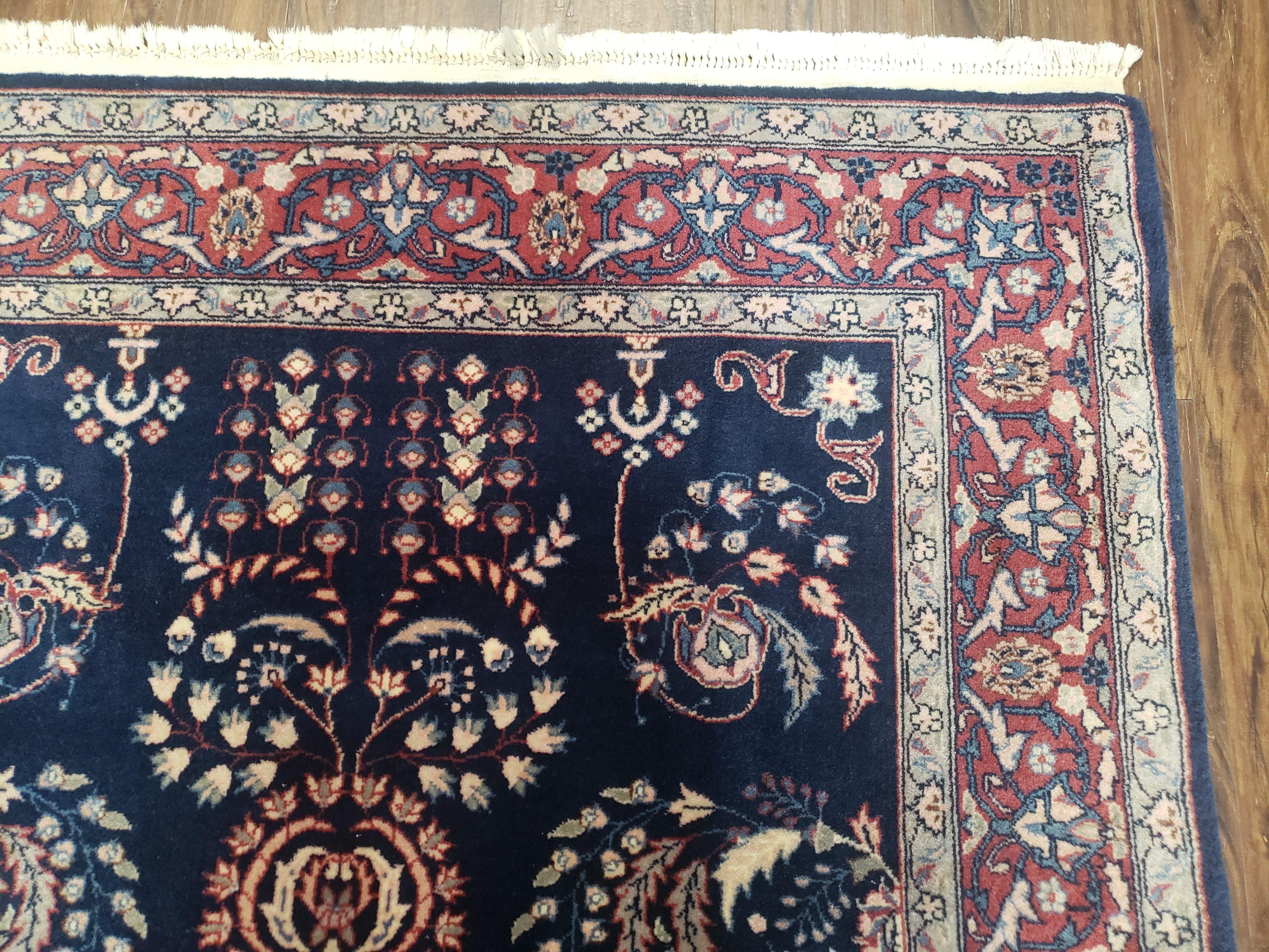 Dark Blue Indo Persian Rug 4x6, Medium Size Hand Knotted Oriental Carpet, Traditional Floral Indian Rug, Blue and Red Entryway Rug, Wool Rug - Jewel Rugs