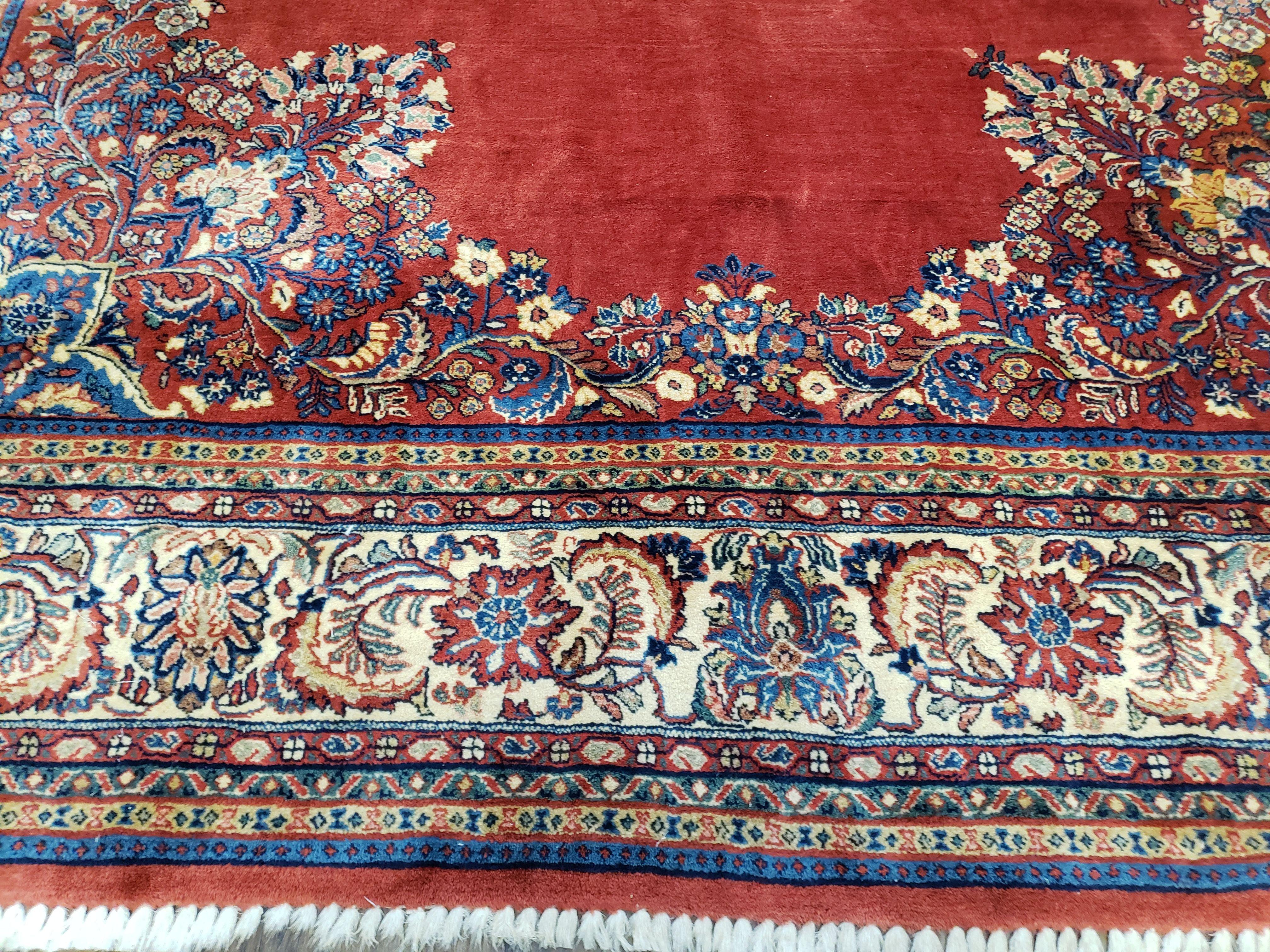 Semi Antique Persian Sarouk Rug 9x12, Semi Open Field with Central Medallion, Hand Knotted Wool, Tomato Red, 9 x 12 Authentic Oriental Carpet - Jewel Rugs