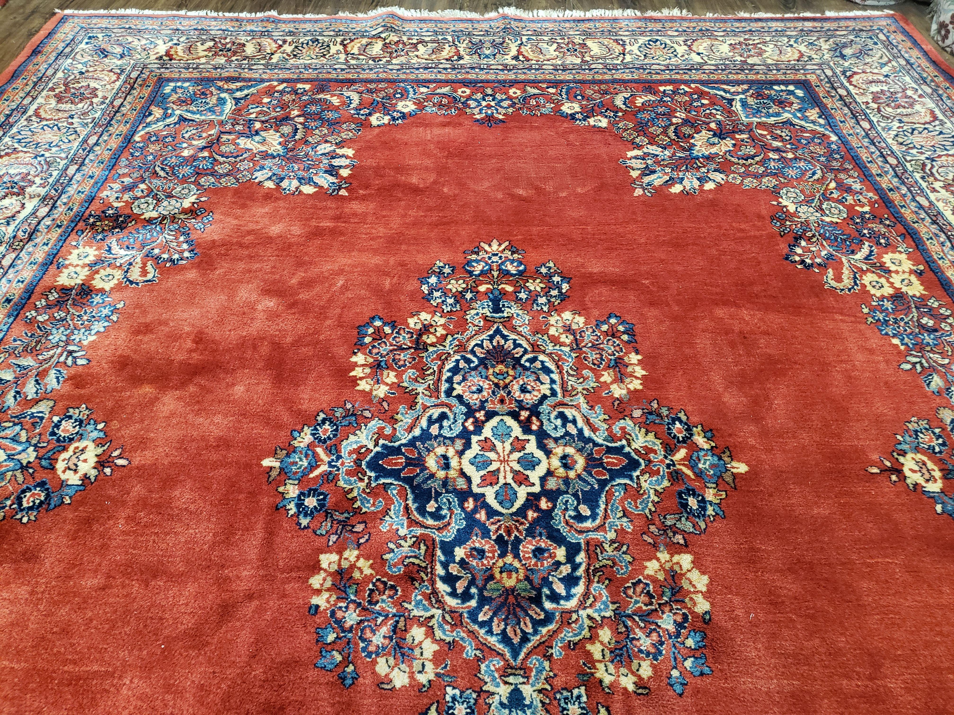 Semi Antique Persian Sarouk Rug 9x12, Semi Open Field with Central Medallion, Hand Knotted Wool, Tomato Red, 9 x 12 Authentic Oriental Carpet - Jewel Rugs
