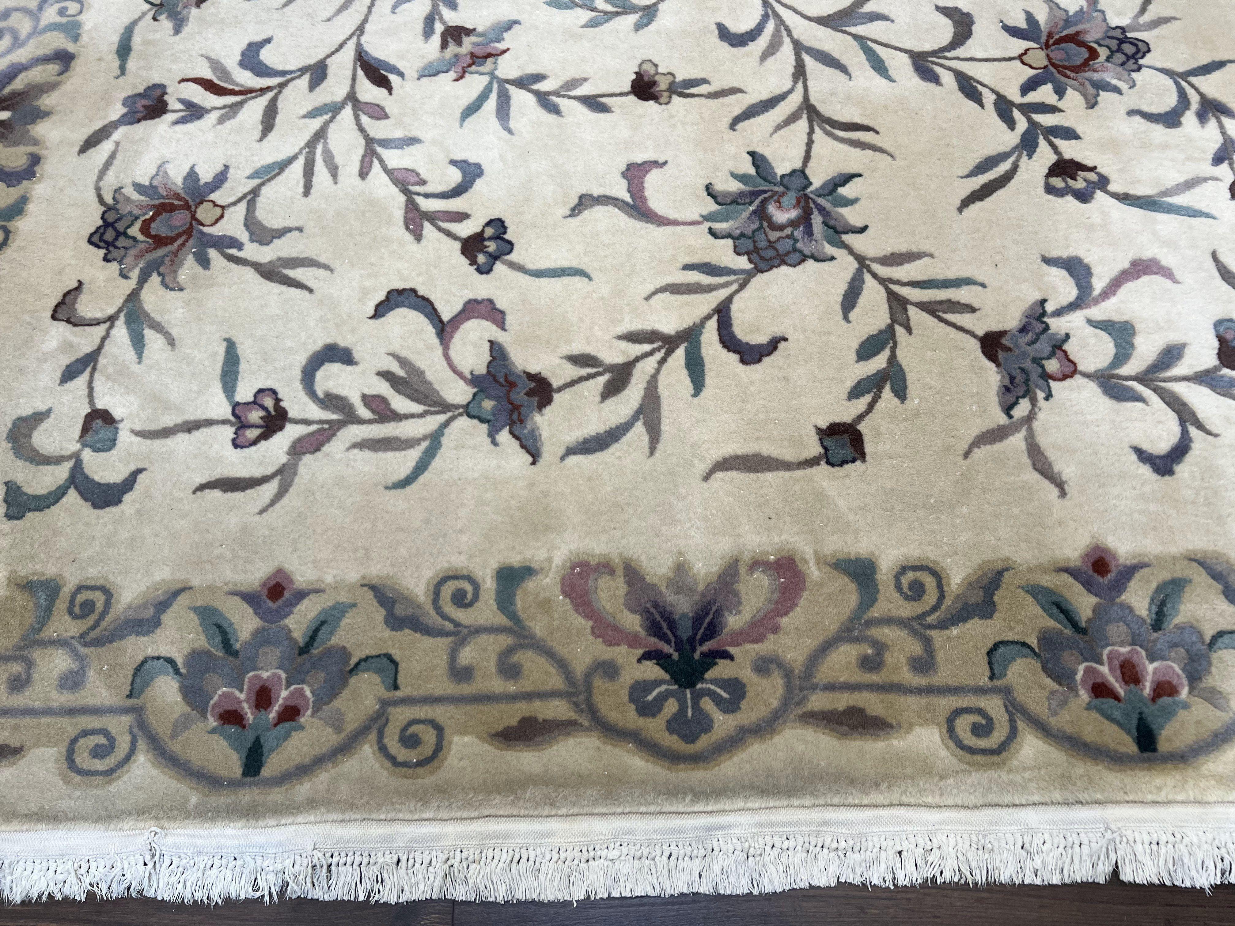 Vintage Chinese Rug 6x9, Chinese 120 Line Rug, Asian Oriental Carpet, Ivory/Beige and Teal, Floral Design, Soft Plush Wool Rug Handmade - Jewel Rugs