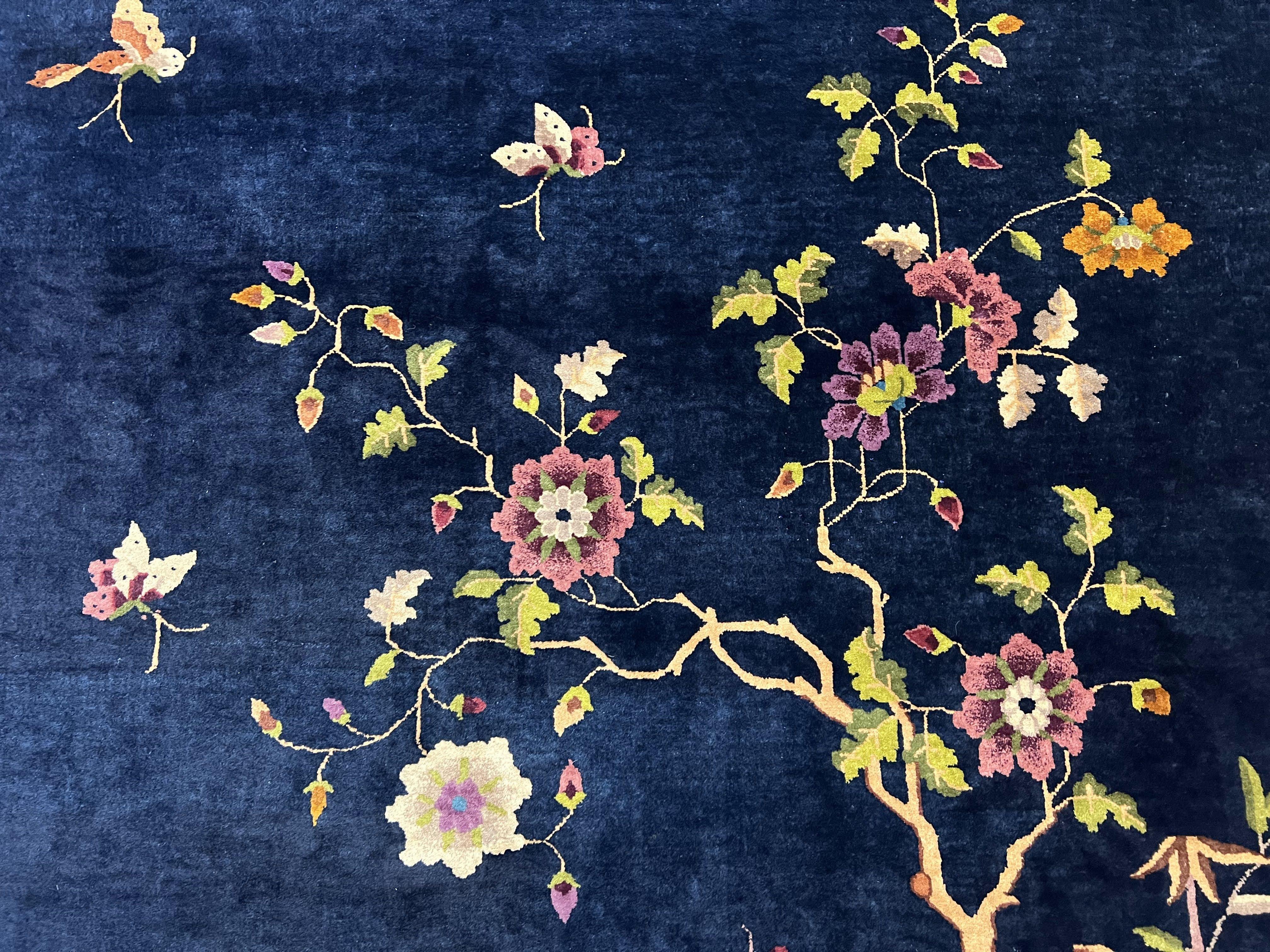 Chinese Art Deco Rug 8x10, Nichols Rug, Navy Blue and Red, Handmade Wool Carpet 8 x 10, Semi Antique Vintage Asian Oriental Rug, Butterflies - Jewel Rugs