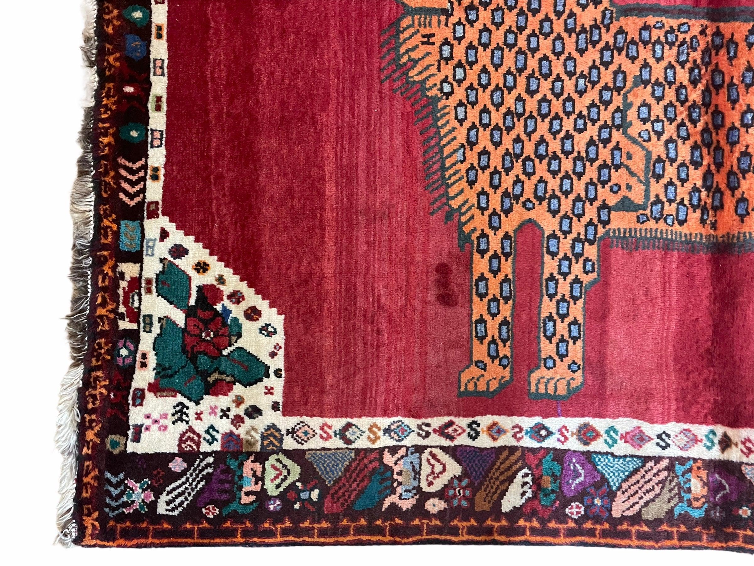 Antique Persian Gabbeh Wool Rug 4x5, Lion Pictorial Rug, Red Orange Black, Hand Knotted Handmade Vintage Gabbeh Carpet 4 x 5 ft, Tribal Rug - Jewel Rugs