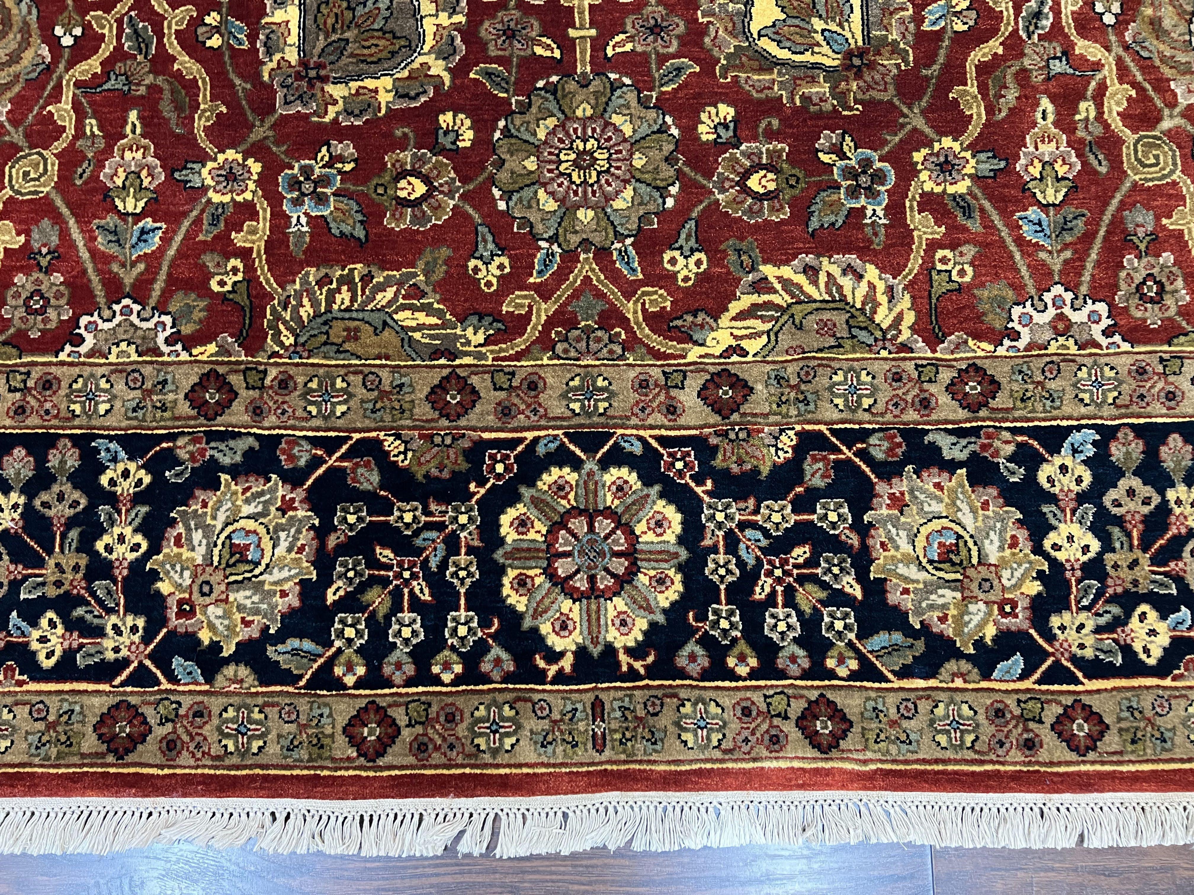 Indo Persian Rug 9x12, Hand Knotted Traditional Indian Wool Oriental Carpet 9 x 12 ft, Maroon and Navy Blue, Floral Allover 9x12 Vintage Rug - Jewel Rugs