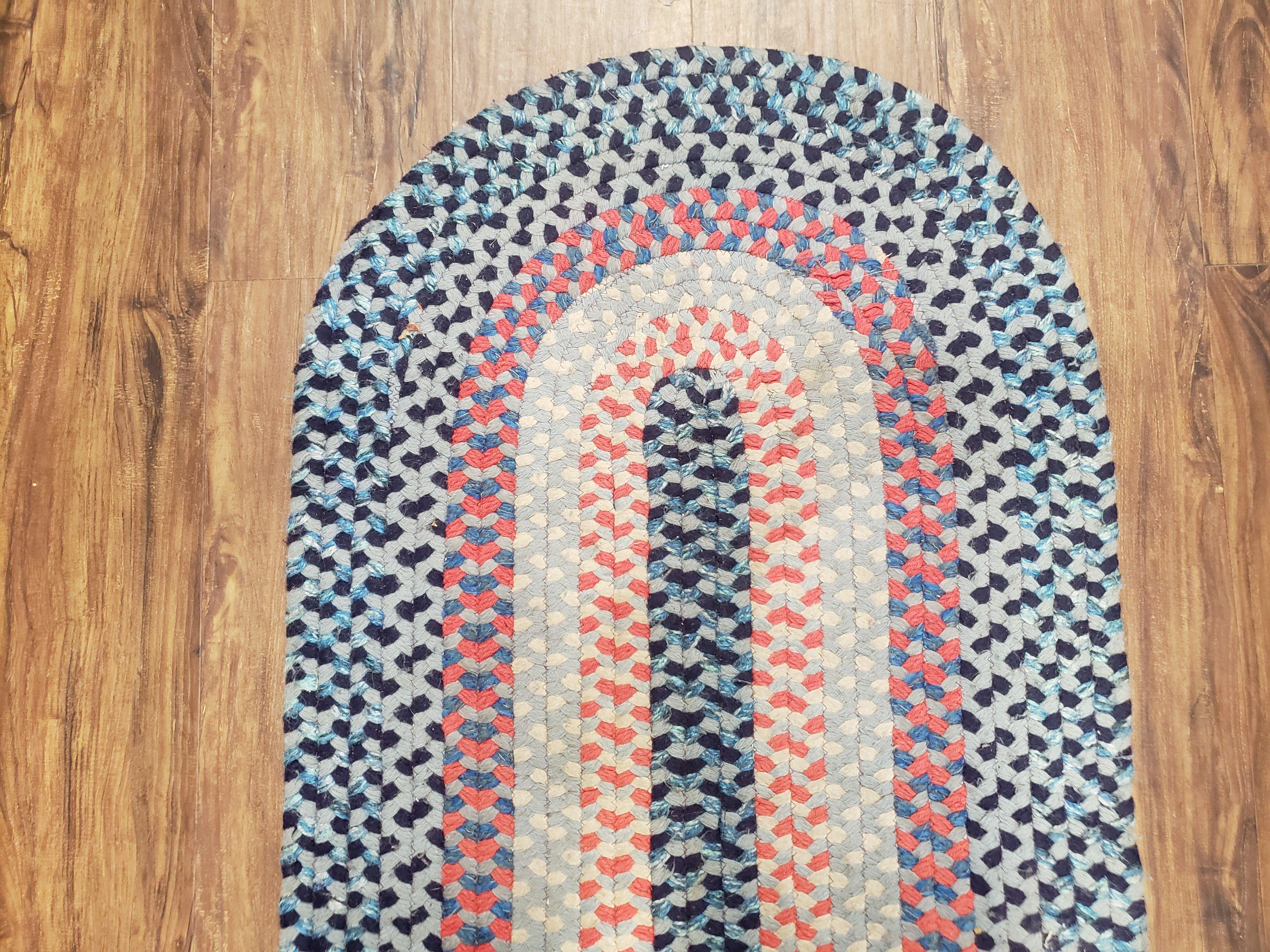 Oval Braided Rug, American Braided Rug, Multicolor Colorful, Blue Teal Cream Pink, 2x4 Oval Rug, Vintage 1960s Rug - Jewel Rugs