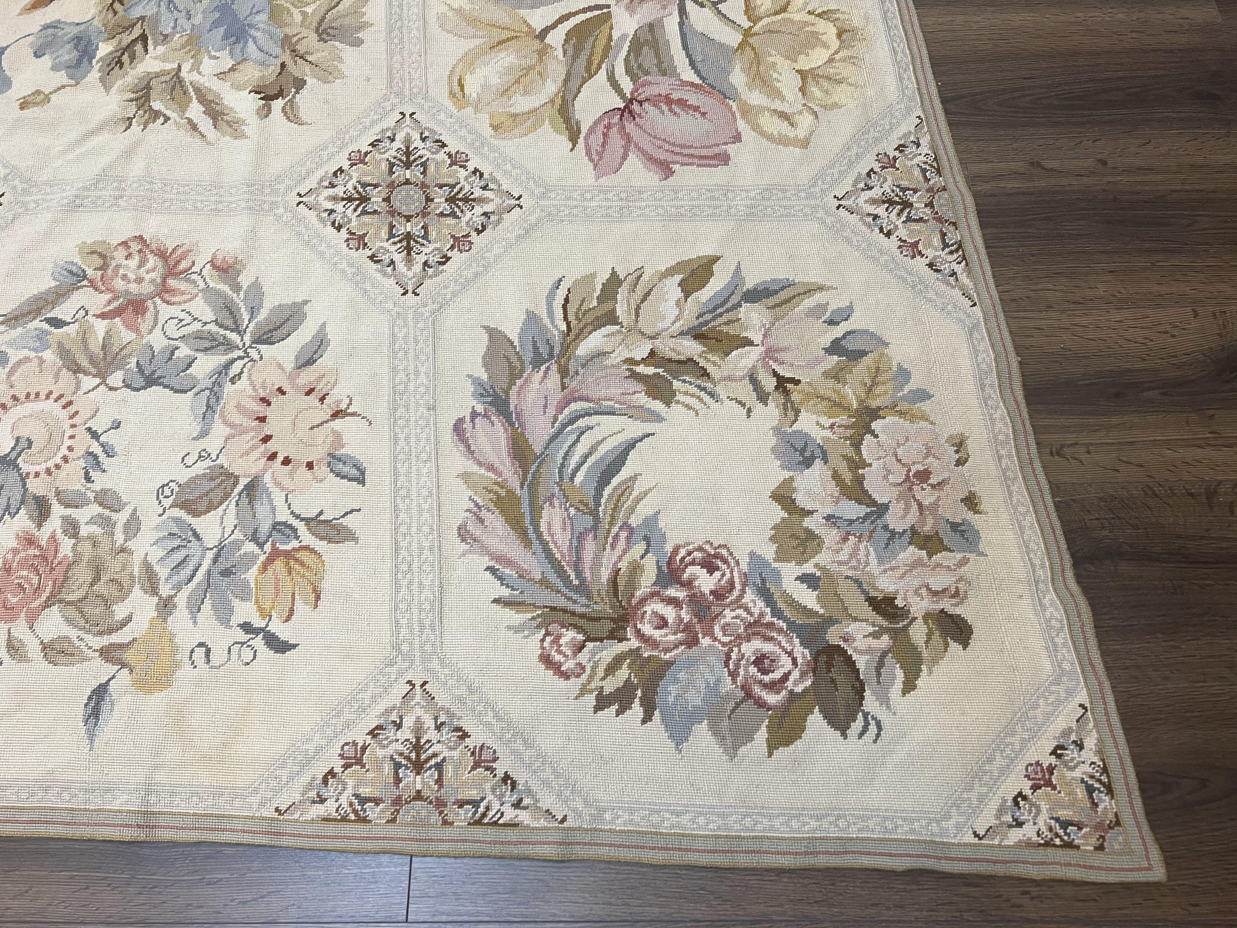 Vintage Needlepoint Rug 8x11, Floral Panel Design, Flatweave Handmade Needlepoint Carpet 8 x 11, Room Size Wool Needlepoint Rug, Cream Color - Jewel Rugs