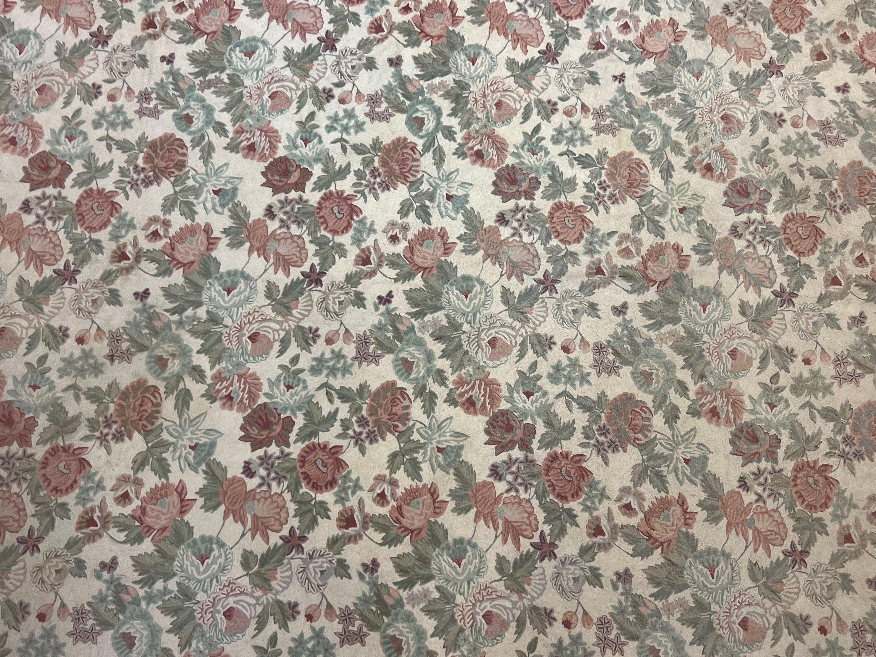 Indian Hand Stitched Rug 9x12 Florall Allover Vintage Wool Cream Rose Floral - Jewel Rugs