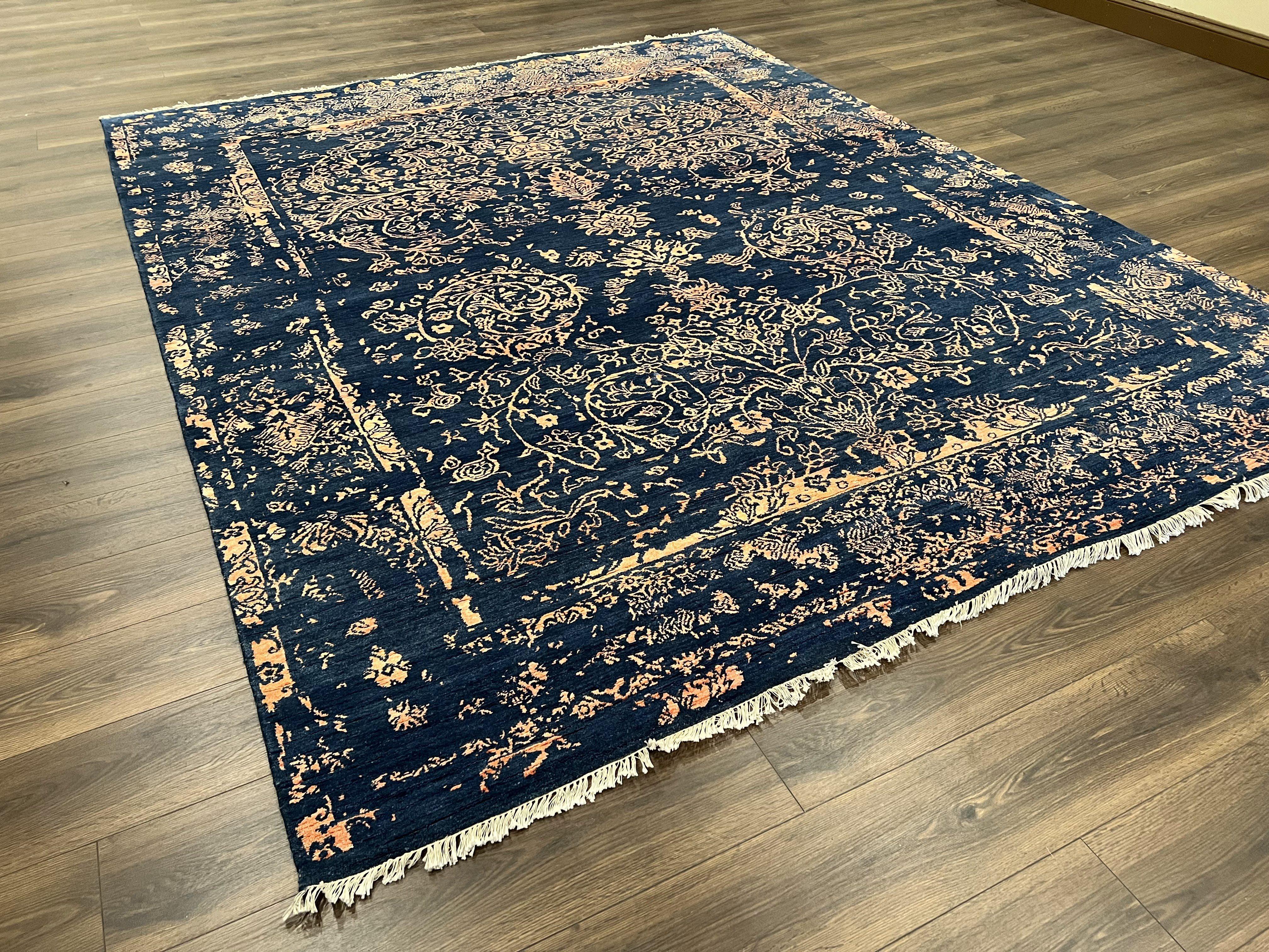 Area Rug 8x10 High Quality Handmade Oriental Carpet, Modern Contemporary Rug, Rug for Living Room, Wool Rug, Blue and Gold, Pakistani Rug - Jewel Rugs