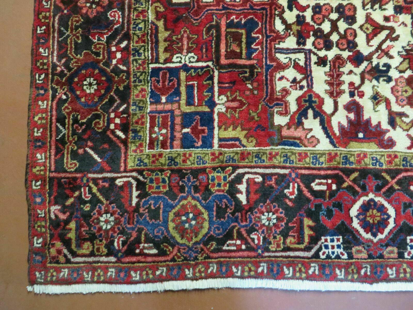 Wonderful Persian Heriz Rug 8.6 x 11, Geometric Heriz Carpet, Semi Antique Decorative Area Rug, Red Ivory Dark Blue Handmade Wool Room Sized - Jewel Rugs