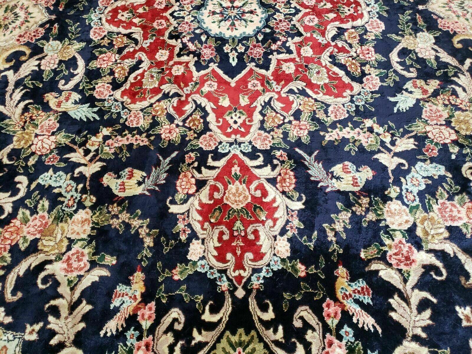 Indian Silk Kashmiri Rug 9x12, Room Sized Silk Carpet, Handmade Hand Knotted Oriental Rug 9 x 12, Navy Blue Red Tan Floral Medallion Birds - Jewel Rugs