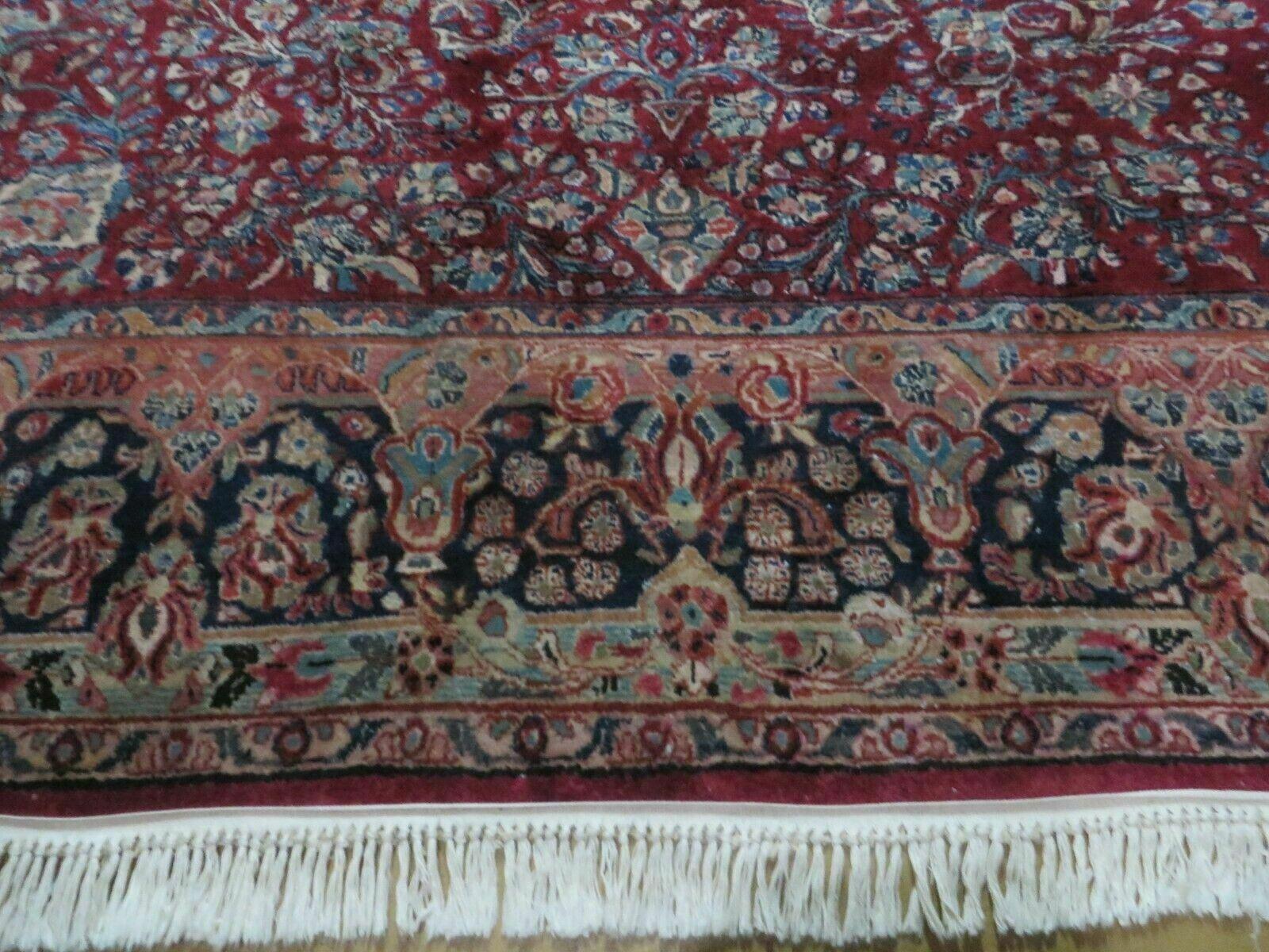 Antique Persian Sarouk Rug 9x11 Red Navy Blue Oriental Carpet, Allover Floral Pattern, Hand Knotted, Wool, Room Sized 9 x 11 ft - Jewel Rugs