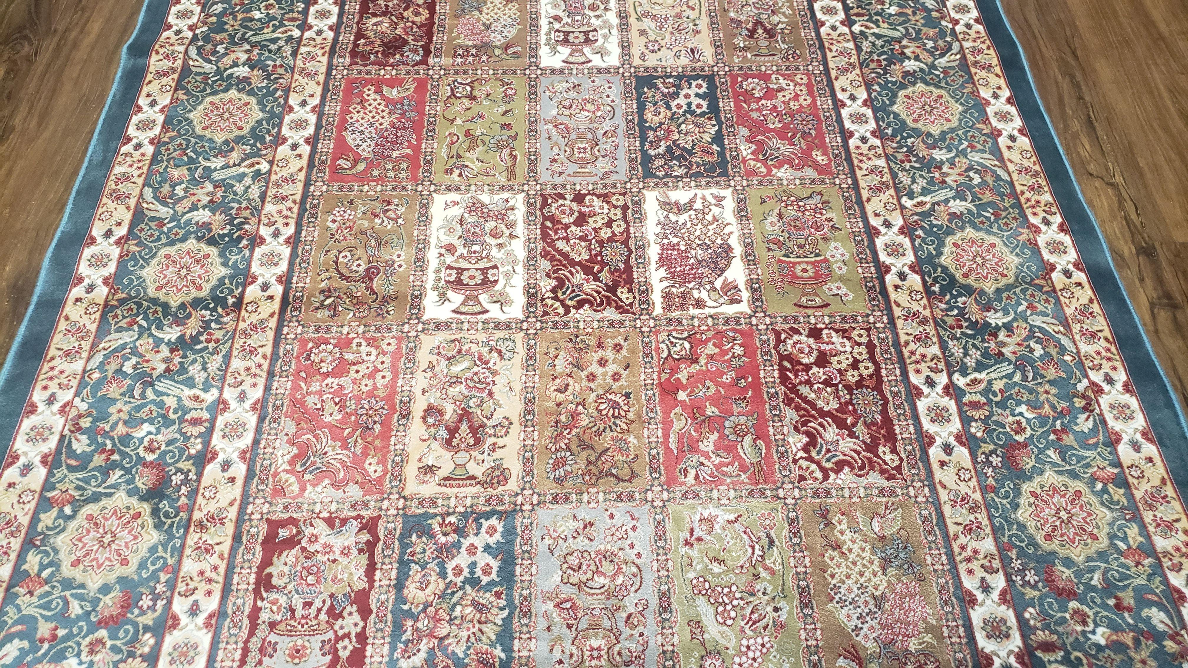 Silk Carpet 4x6 Blue, Panel Design, Four Seasons Pattern, Super Fine & Soft, Bamboo Silk, 4 x 6 Oriental Area Rug, High Quality, New Rug - Jewel Rugs