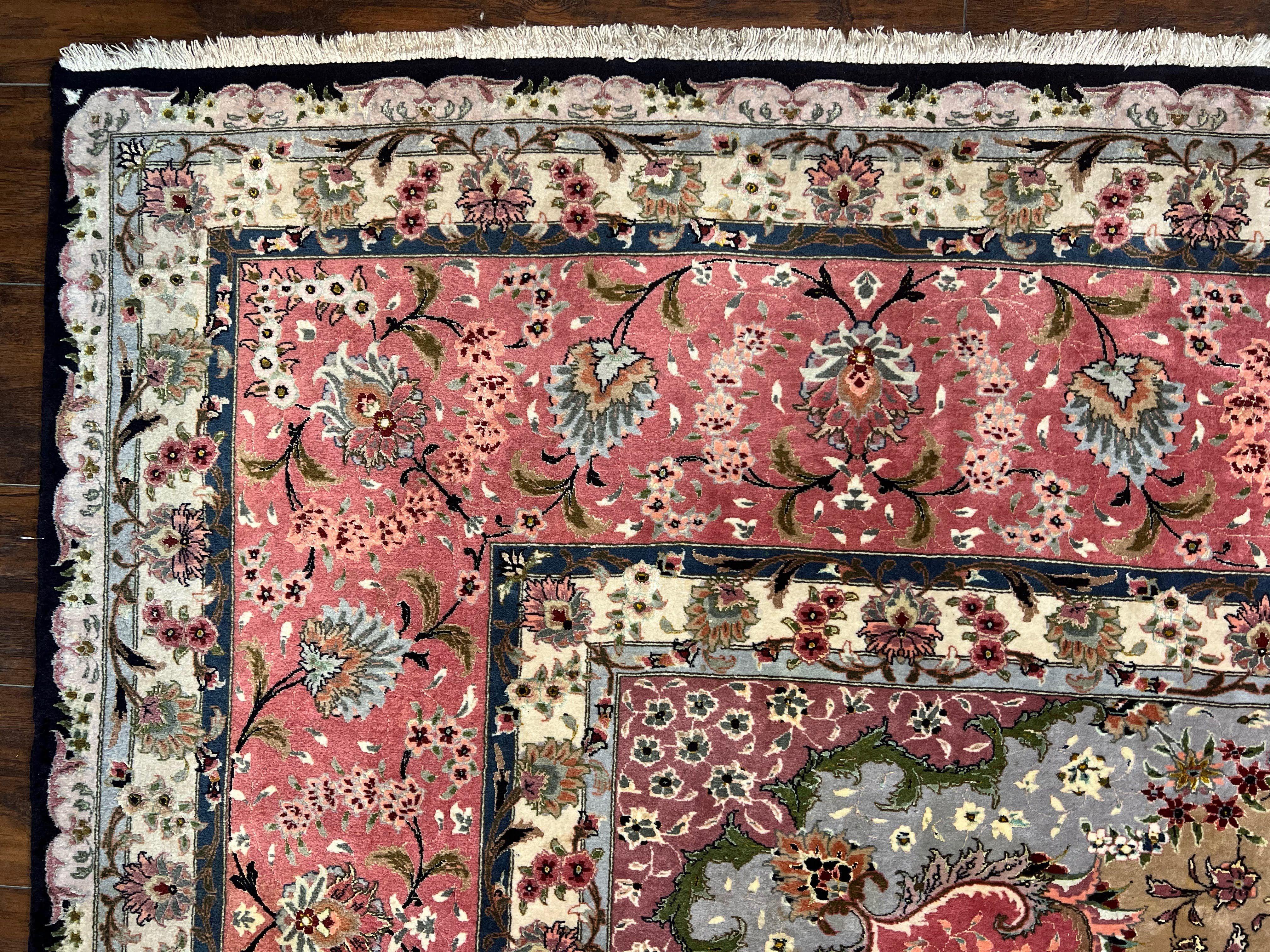 Magnificent Persian Tabriz Rug 11x16, Oversized Persian Carpet 11 x 16 ft, Wool on Silk Finely Hand Knotted, 450 KPSI, Floral Medallion, Black Pink - Jewel Rugs