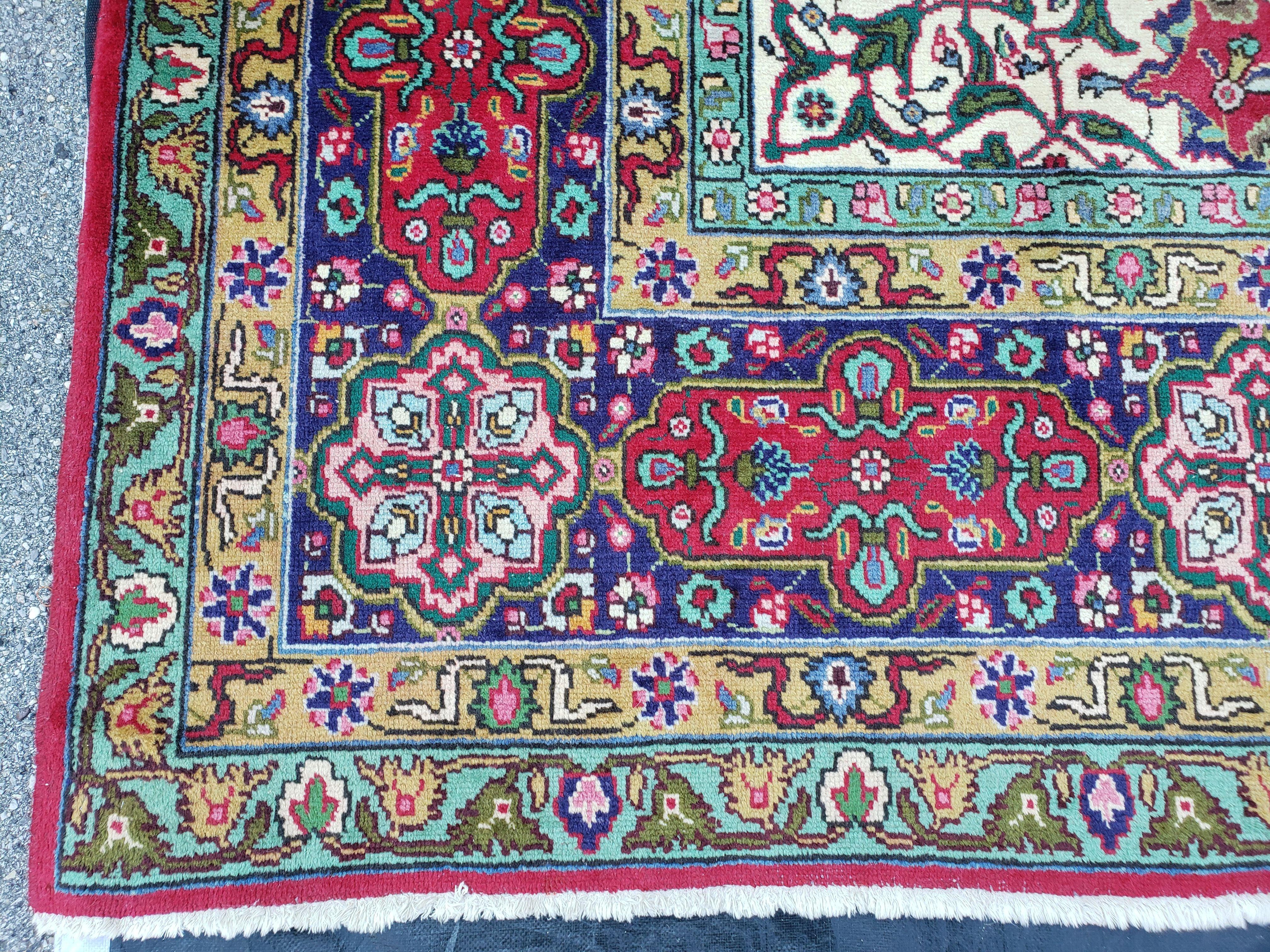 Antique Persian Tabriz Rug 9' 7" x 12' 9", Central Medallion, Persian Vases, Flowers, Curvilinear Vines, Red Blue Ivory, 10x13, Hand-Knotted, Wool, Mustafi Design - Jewel Rugs