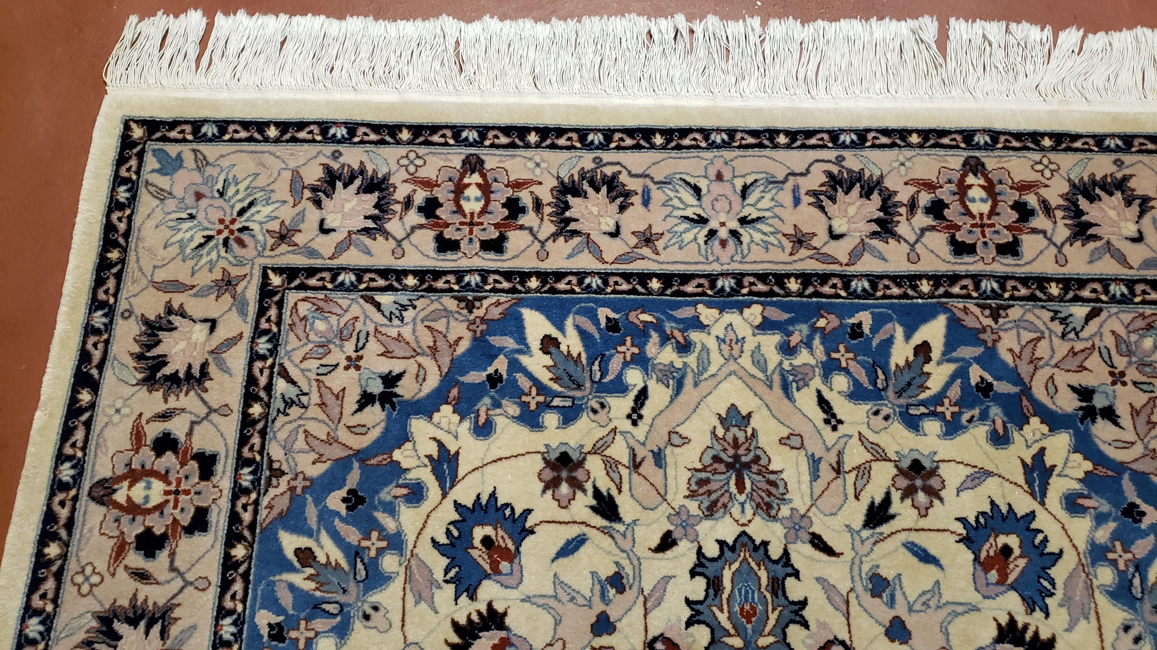 Sino Persian Rug 4x6, Ivory and Blue, Vintage Handmade Wool Oriental Carpet - Jewel Rugs