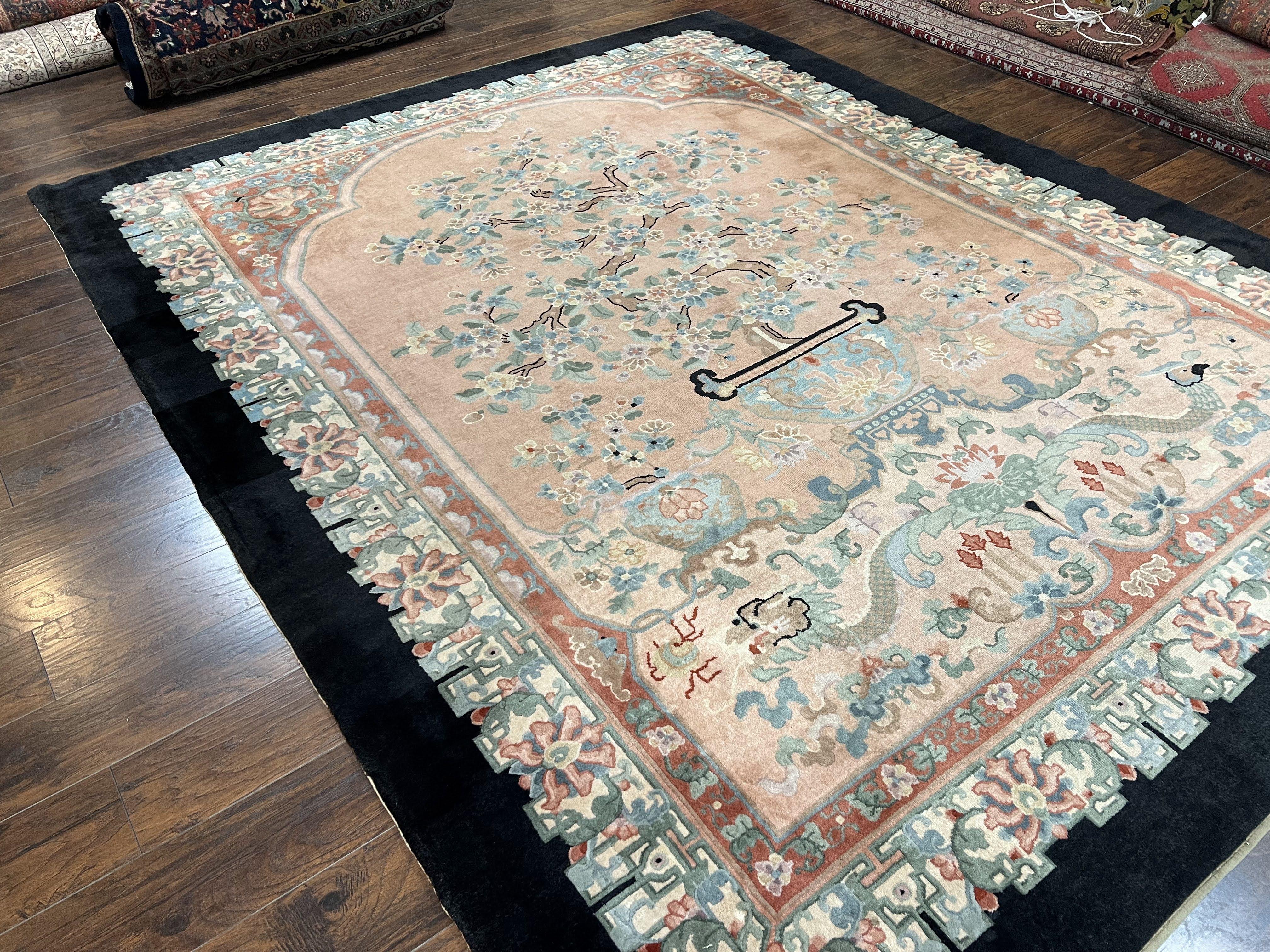 Antique Chinese Wool Rug 9x12, Chinese Peking Fete Carpet 9 x 12 ft, Pink Black Cream Light Blue, Handmade Hand Knotted Asian Art Deco Rug - Jewel Rugs