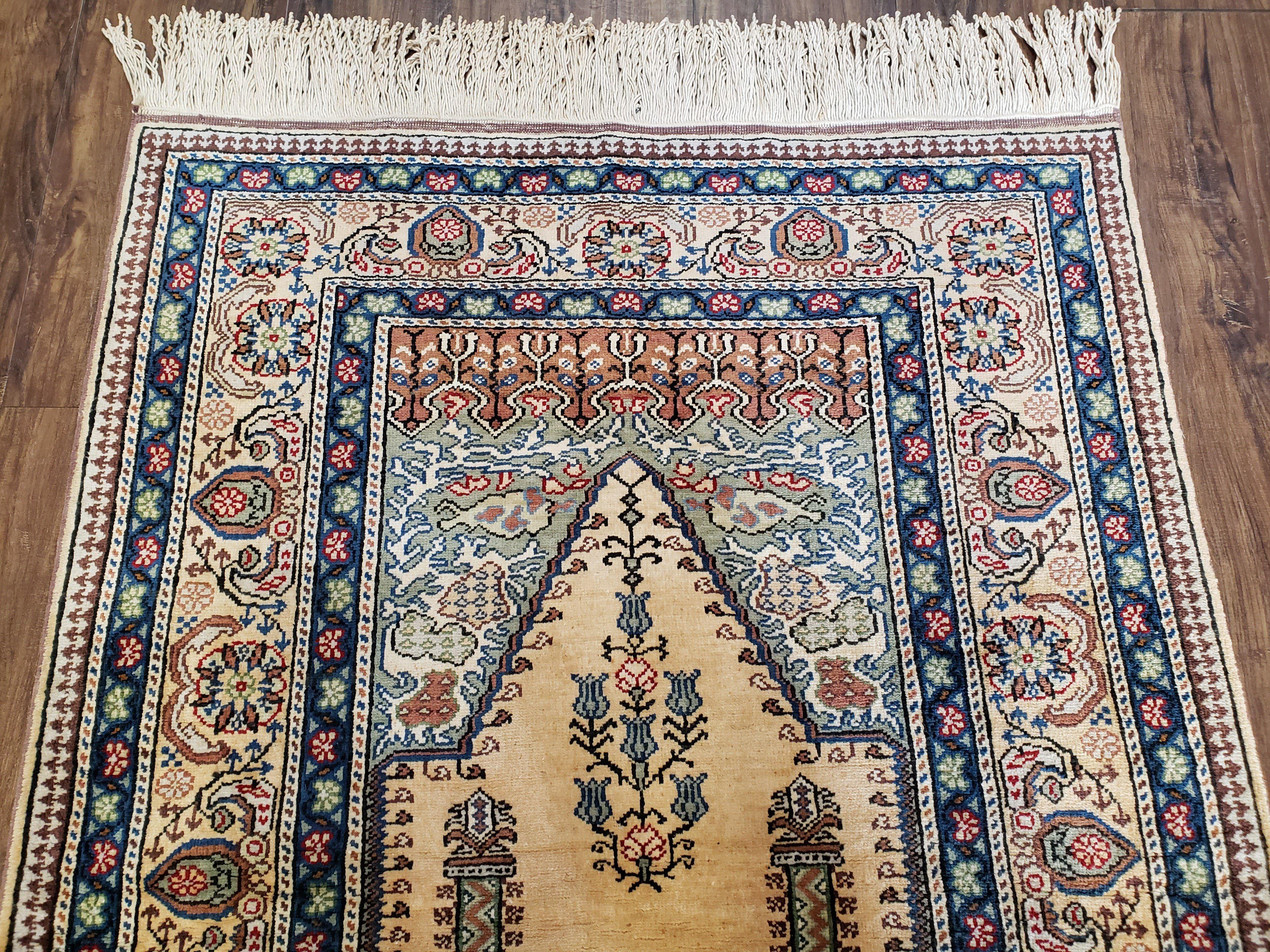 Vintage Silk Turkish Prayer Rug 3x4 - 3x5, Silk on Cotton Hand-Knotted Handmade, Light Yellow & Blue Traditional Small Prayer Carpet - Jewel Rugs