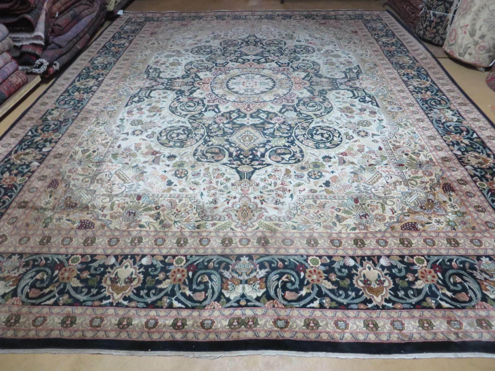 Beautiful Sino Persian Rug 9x12, Elegant High Quality Handmade Wool Oriental Carpet, Medallion with Corner Design, Floral, Black and Ivory - Jewel Rugs