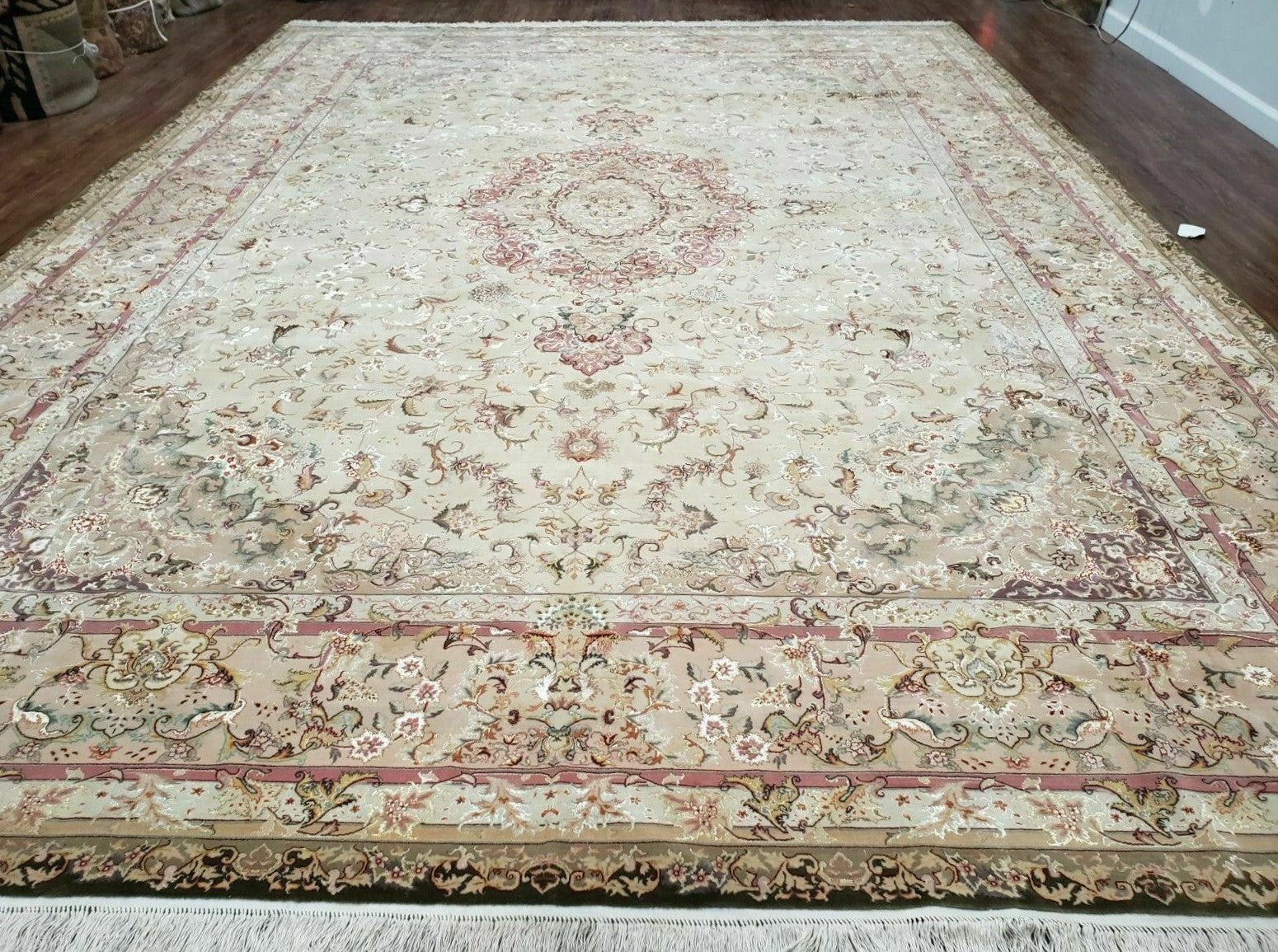 Stunning Sino Persian Rug 9x12, Wool Pile on Silk Foundation, Luxury Elegant Hand Knotted Carpet, Floral Medallion, Very Fine, Cream Salmon - Jewel Rugs