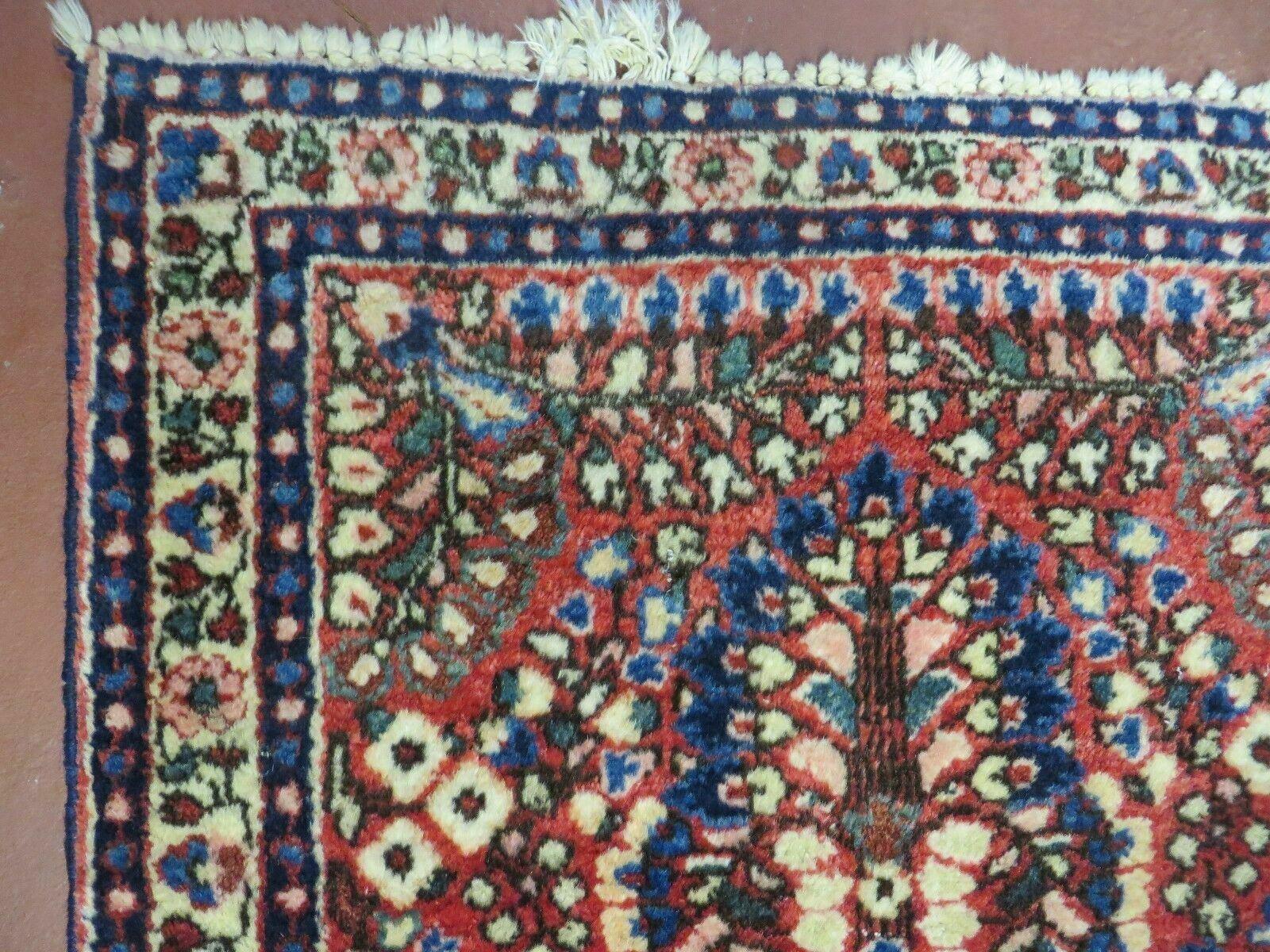 Small Persian Rug 2 x 2.6 Tiny Persian Sarouk Carpet, Red Blue Cream, Floral Design, Antique Wool Rug, Handmade Hand-Knotted, Oriental Rug Mat 2x3 - Jewel Rugs