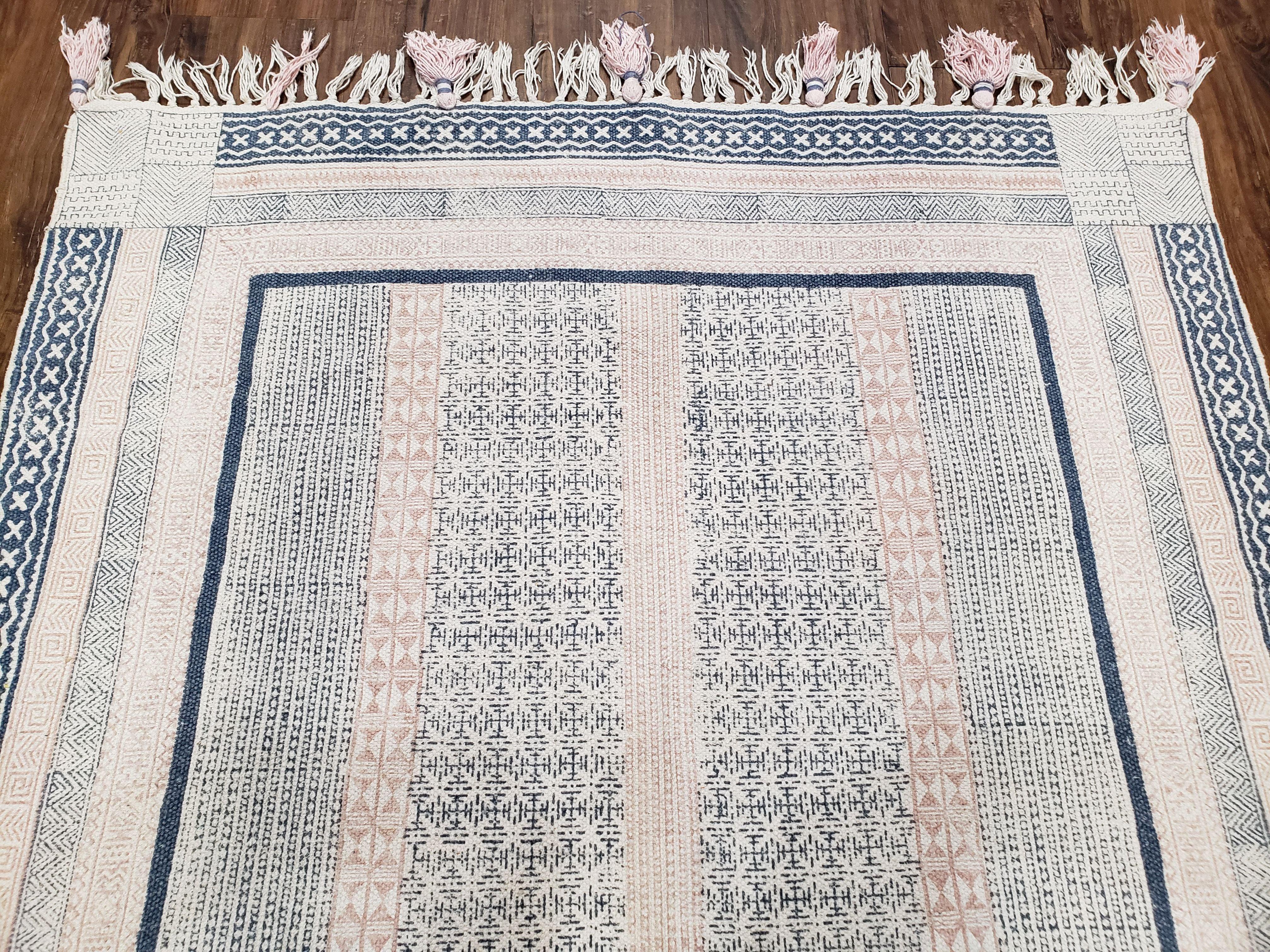 Vintage Moroccan Kilim Area Rug 4x6, Ivory & Blues, Moroccan Wall Hanging, Wool, Handmade, 3'9" x 6' 1", Boho Rug, Flatweave Moroccan Carpet - Jewel Rugs