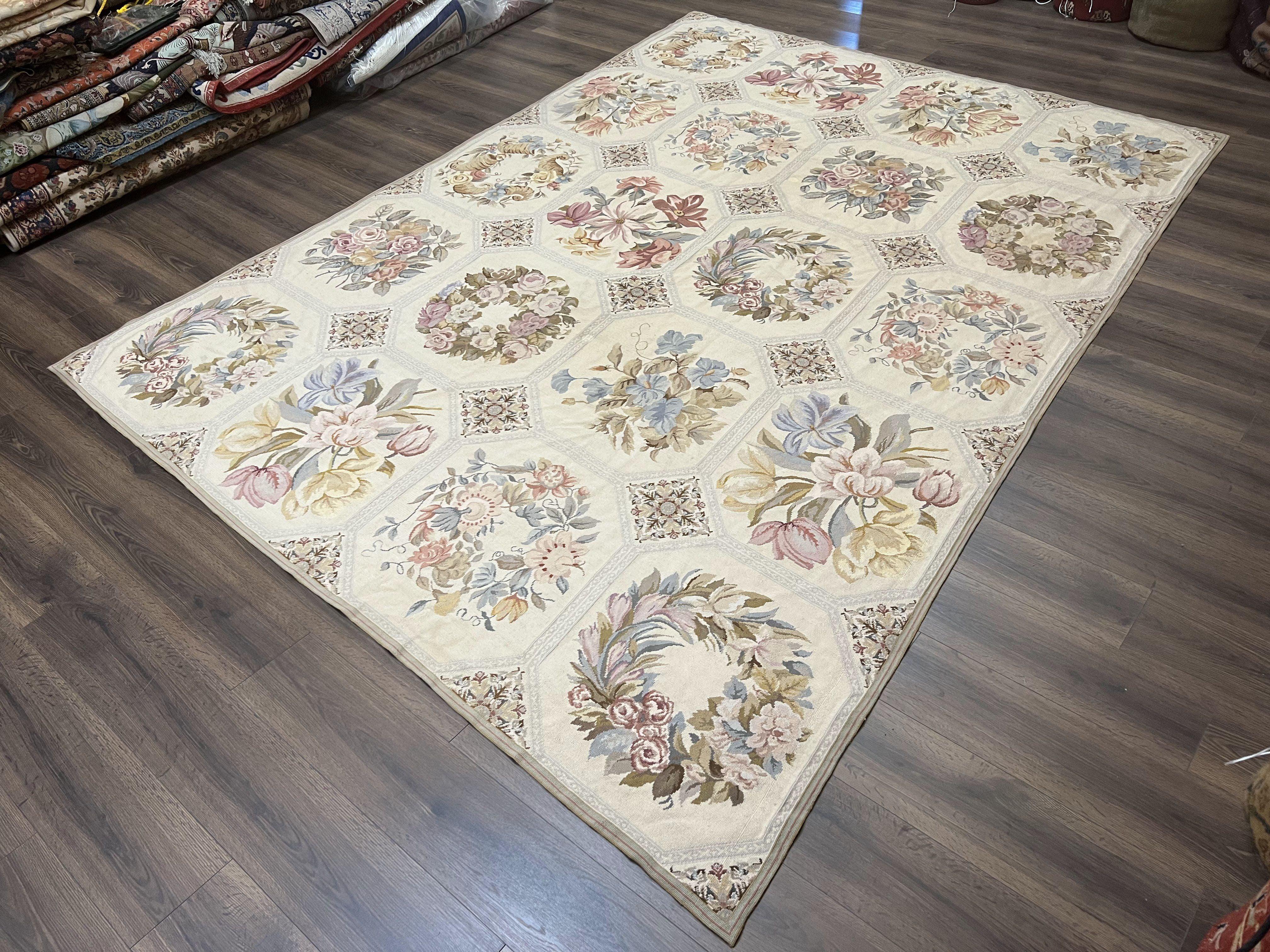 Vintage Needlepoint Rug 8x11, Floral Panel Design, Flatweave Handmade Needlepoint Carpet 8 x 11, Room Size Wool Needlepoint Rug, Cream Color - Jewel Rugs