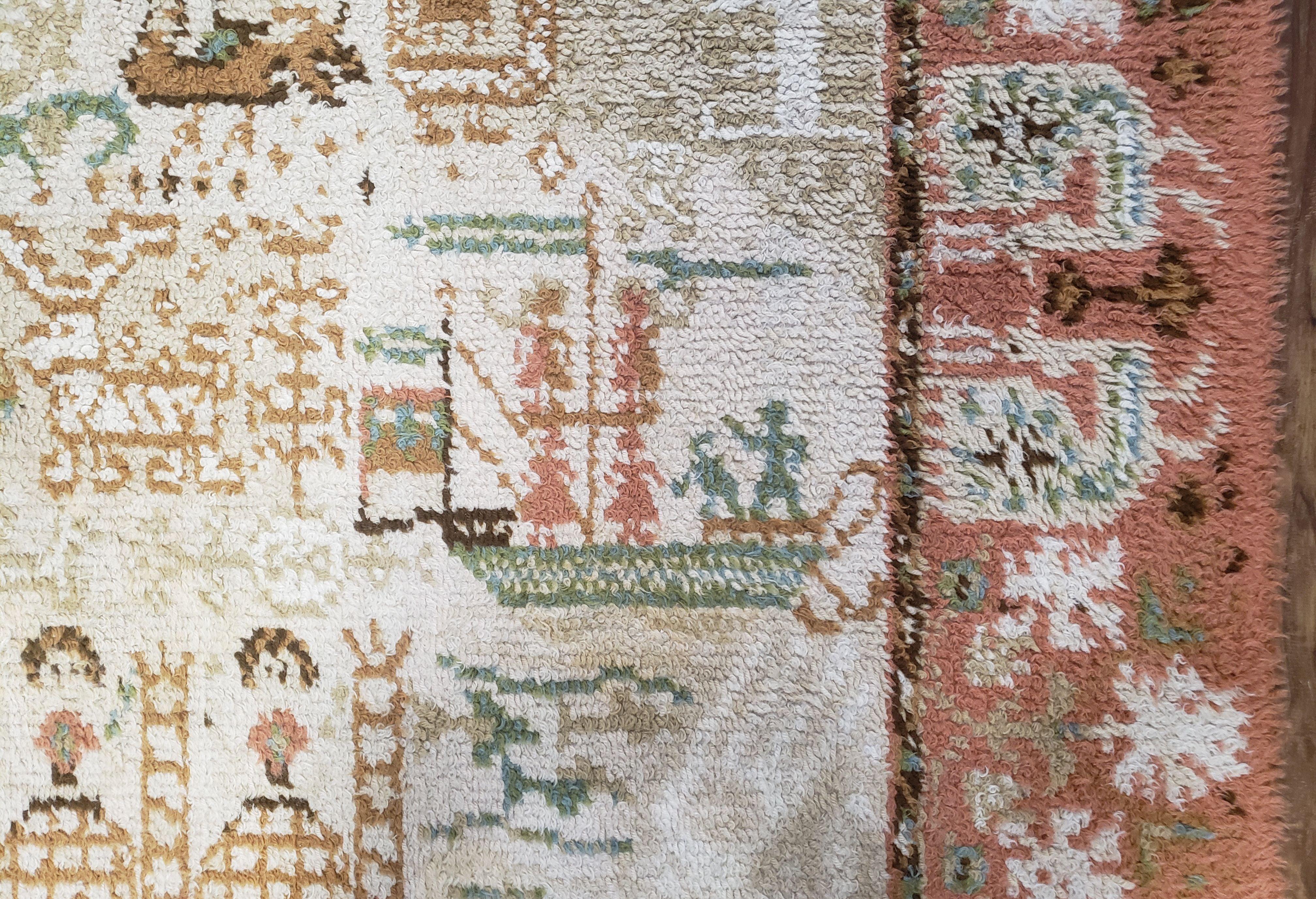 Vintage Scandinavian Area Rug, Rya Shag Rug, Wool, Beige & Carribbean Coral, Scandinavian Folk Art Rug, Human Motifs, Boats, Vikings, 6x9 - Jewel Rugs