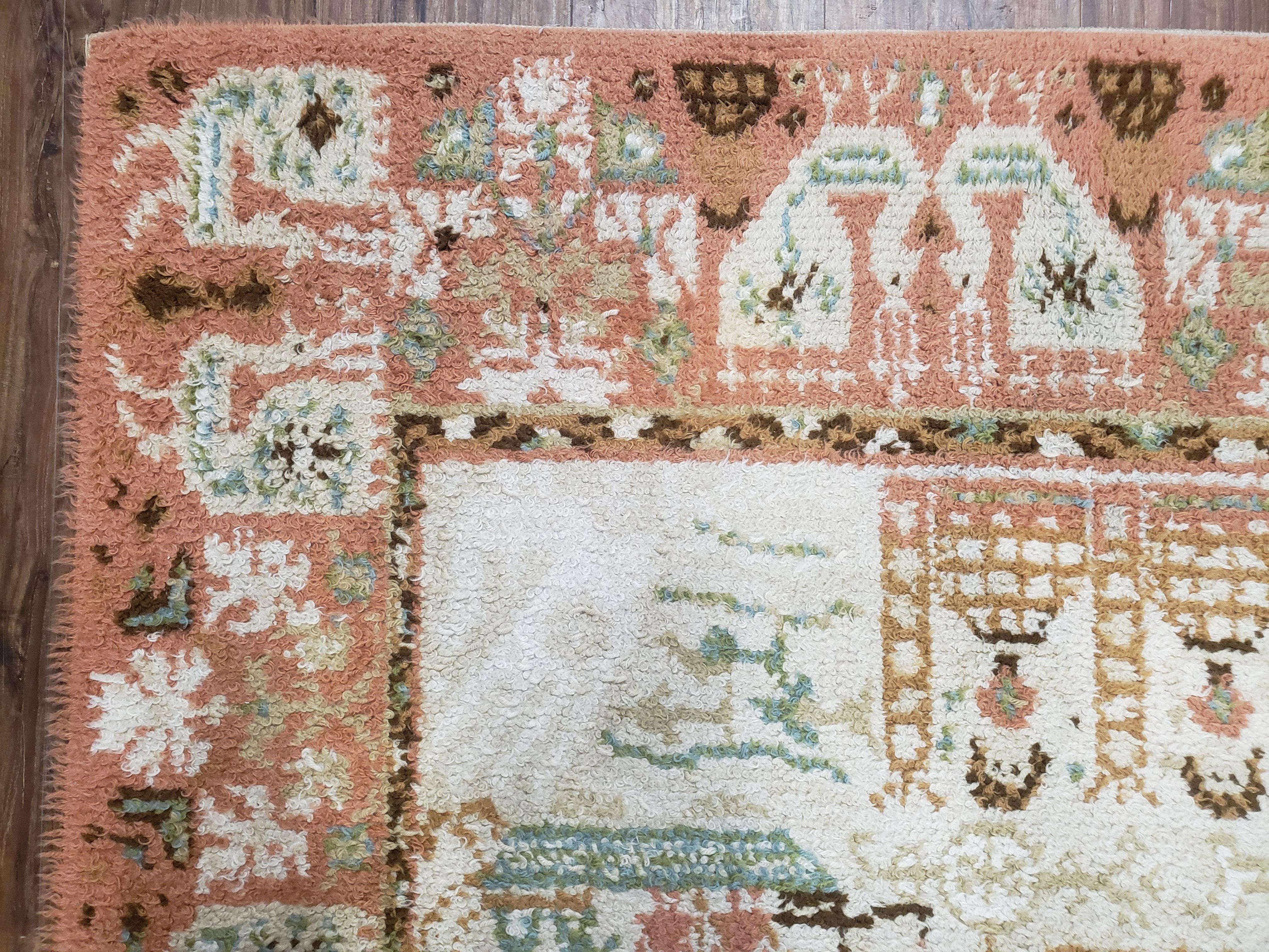 Vintage Scandinavian Area Rug, Rya Shag Rug, Wool, Beige & Carribbean Coral, Scandinavian Folk Art Rug, Human Motifs, Boats, Vikings, 6x9 - Jewel Rugs