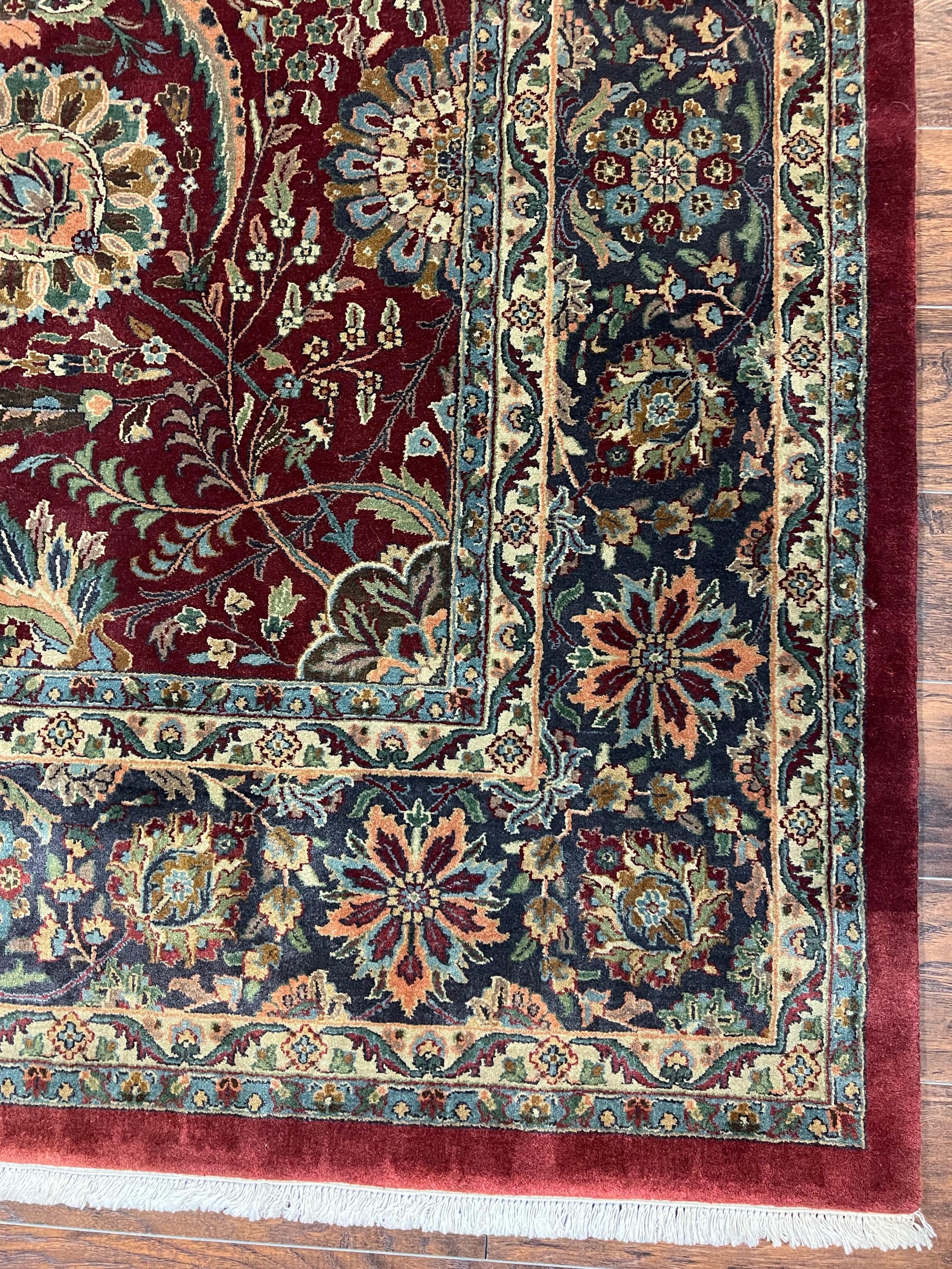 Large Indian Agra Rug 10x13, Maroon Midnight Blue Tan Hand Knotted Wool Oriental Carpet 10 x 13 ft, Floral Allover, Vintage Traditional Rug - Jewel Rugs