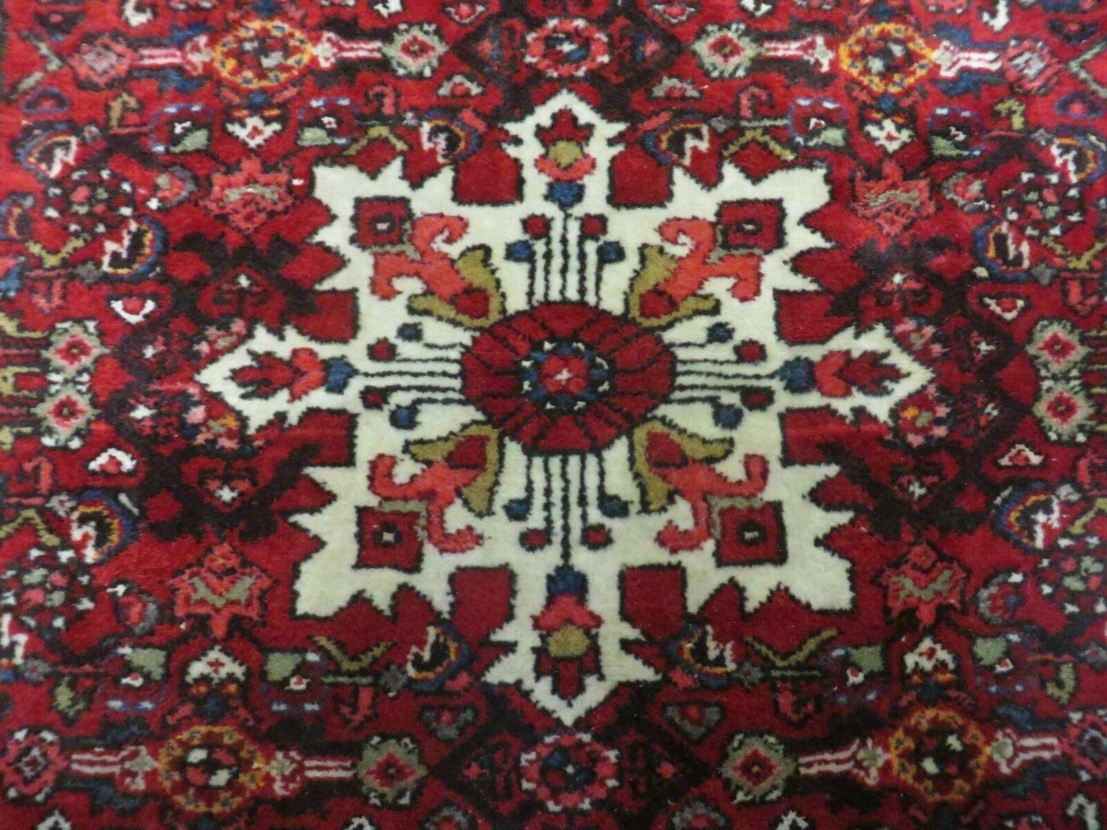 Semi Antique Persian Hamadan Rug 4x6, Vintage Handmade Hand Knotted Wool Oriental Carpet, Tribal Medallion, Vegetable Dyes, Red Ivory - Jewel Rugs