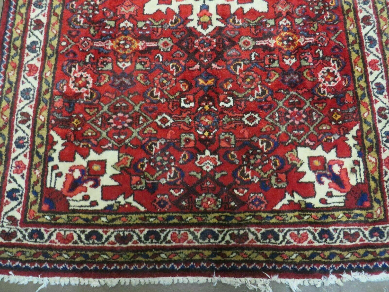 Semi Antique Persian Hamadan Rug 4x6, Vintage Handmade Hand Knotted Wool Oriental Carpet, Tribal Medallion, Vegetable Dyes, Red Ivory - Jewel Rugs
