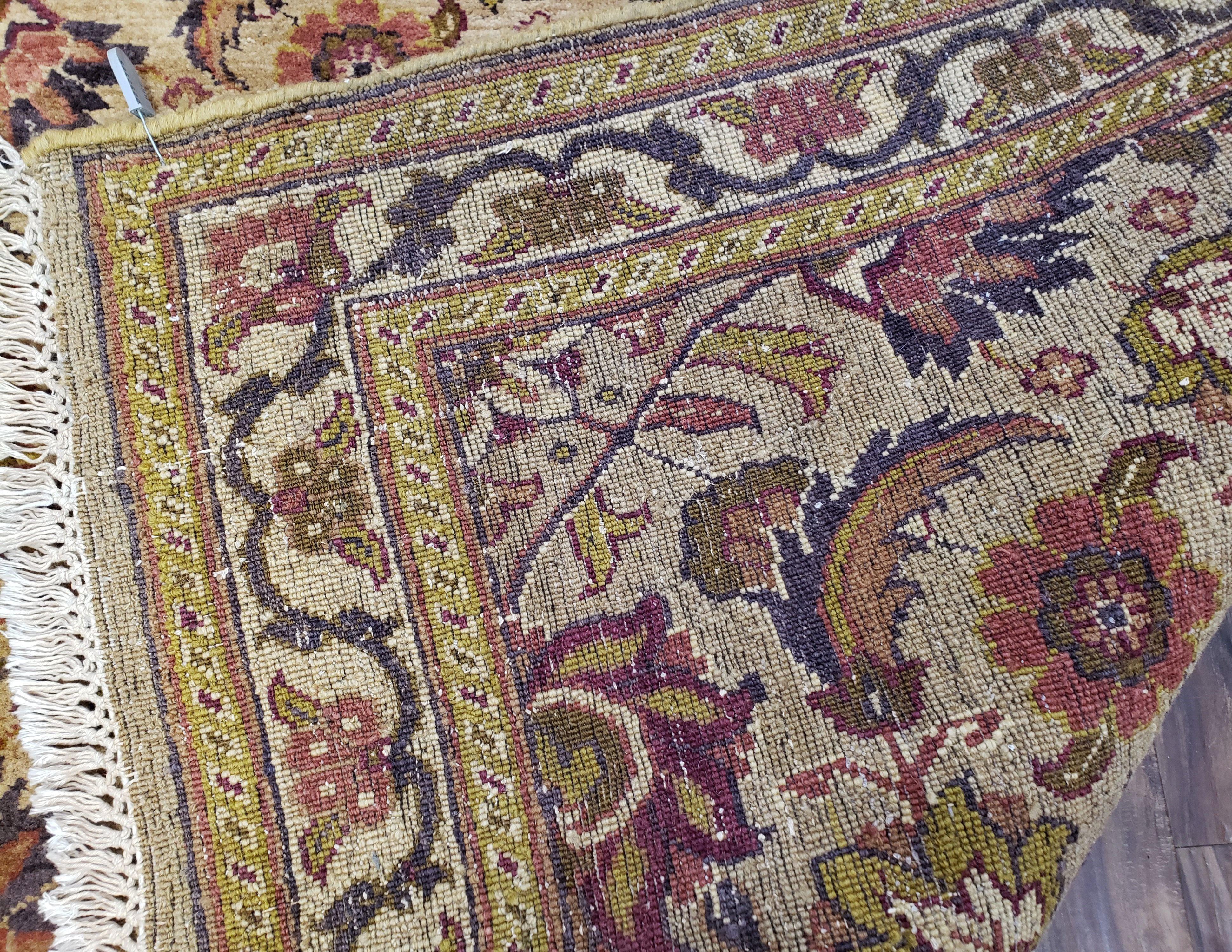 Indian Runner Rug 4x10, Handmade Hand Knotted Wool Oriental Runner Rug 4 x 10 Wide Runner, Vintage Corridor Hallway Runner, Tan Gold Floral - Jewel Rugs