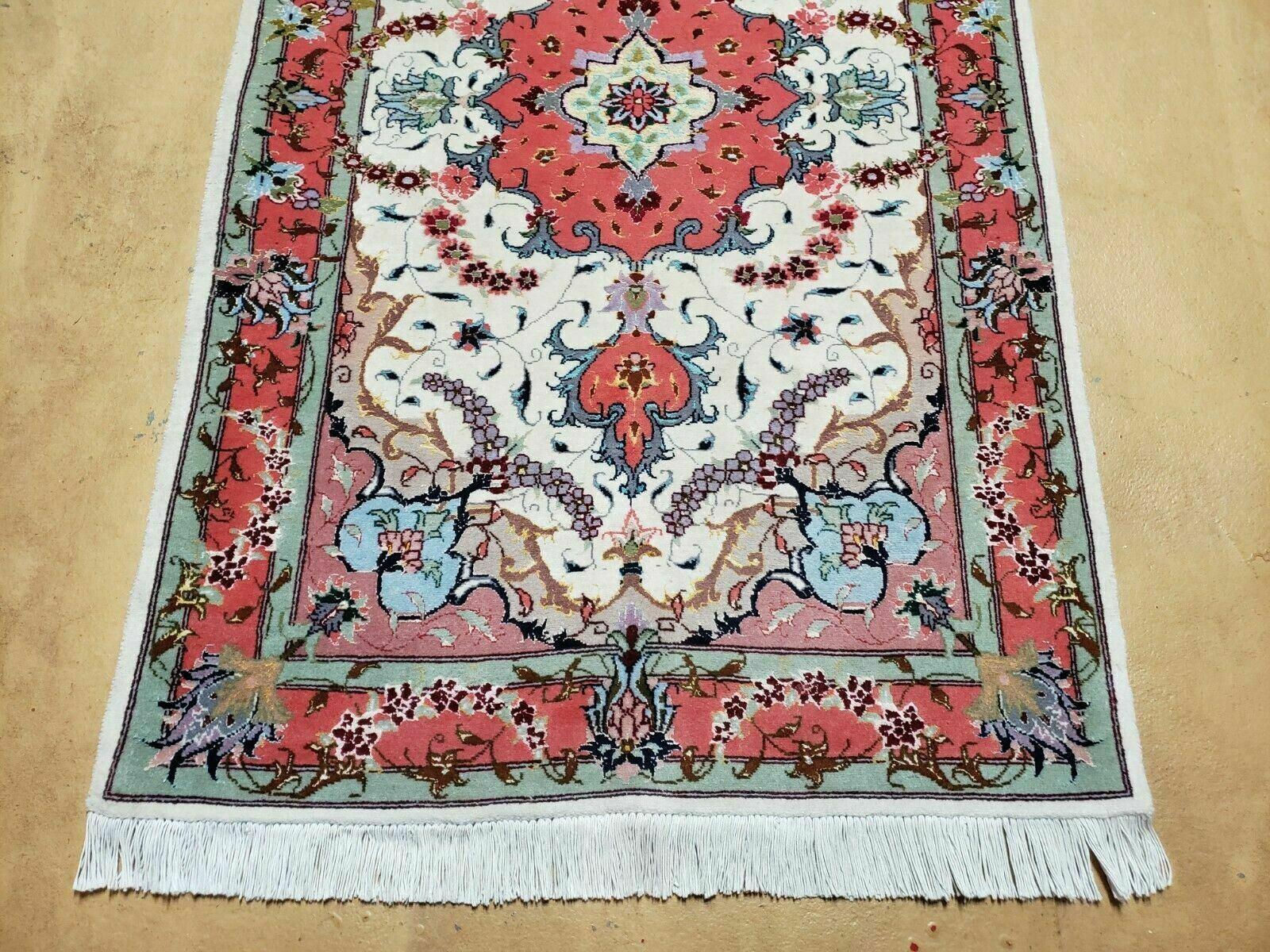 Small Vintage Persian Tabriz Wool and Silk Rug 2.5 x 4 ft, Very Finely Hand Knotted, Medallion, Ivory Salmon Light Blue, Top Quality, Pair B - Jewel Rugs