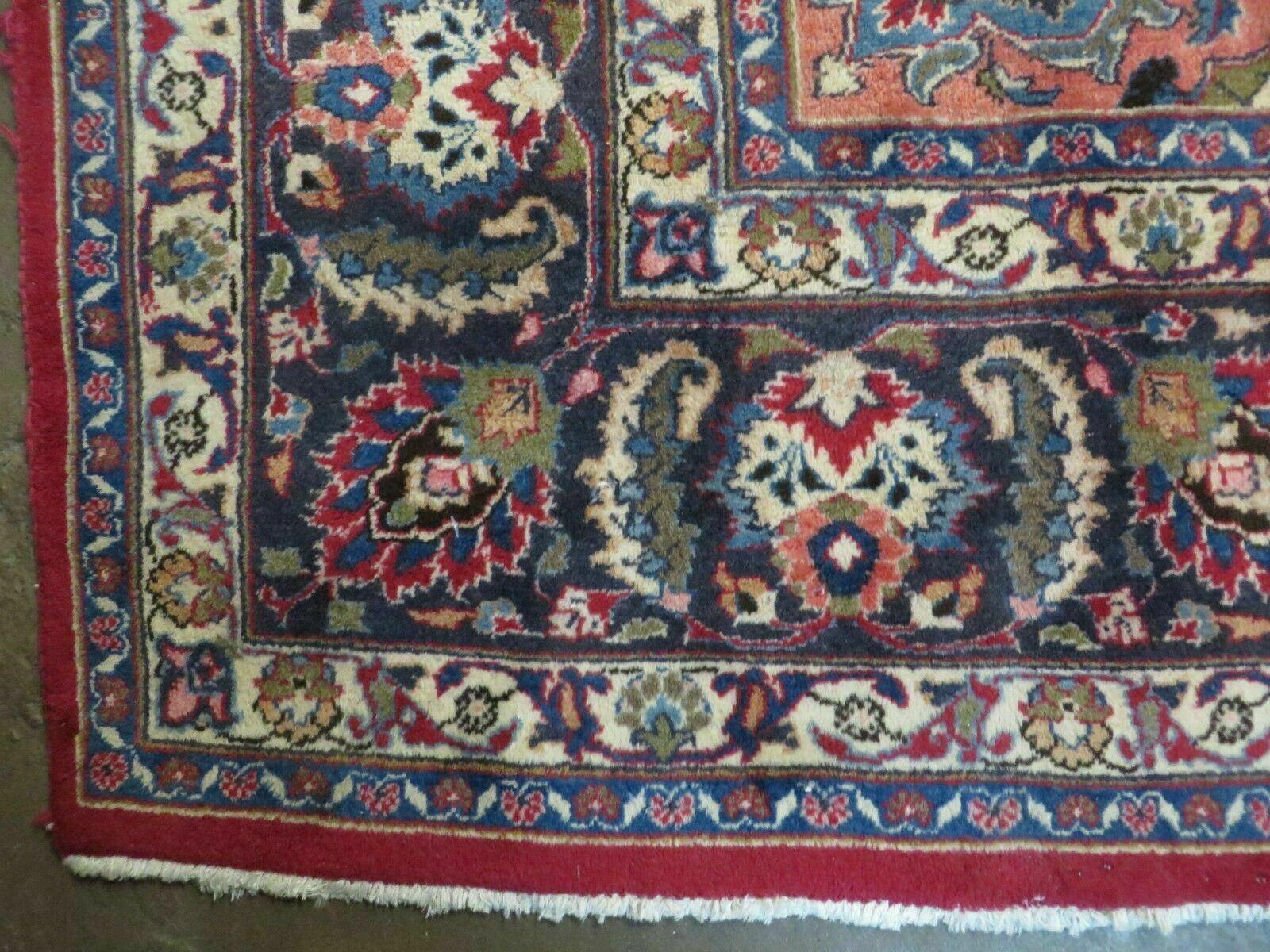 Signed Persian Mashad Rug 10x13 Oriental Carpet, Semi Antique Rug 10 x 13 Vintage Rug, Hand Knotted, Traditional, Red Blue Cream, Medallion Allover - Jewel Rugs