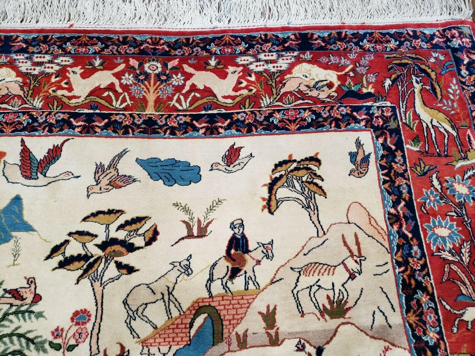 Antique Persian Isfahan Rug 5x7, Animal and Human Pictorials, Hand Knotted Fine Oriental Wool Carpet, Cream and Red, High KPSI, Vintage Rug 5 x 7 ft - Jewel Rugs